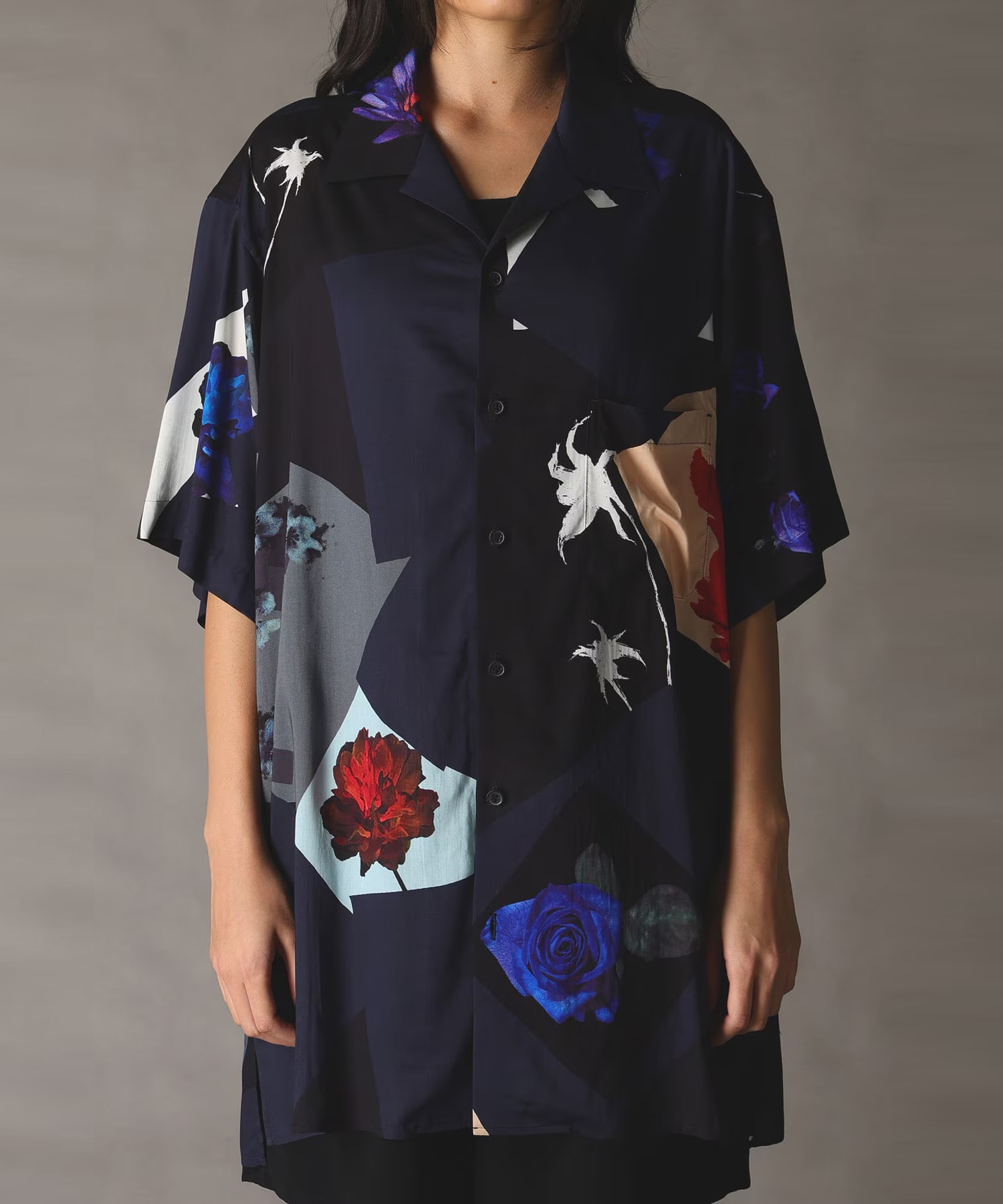 FLORAL PATCHWORK PRINT OPEN-COLLAR SHIRT