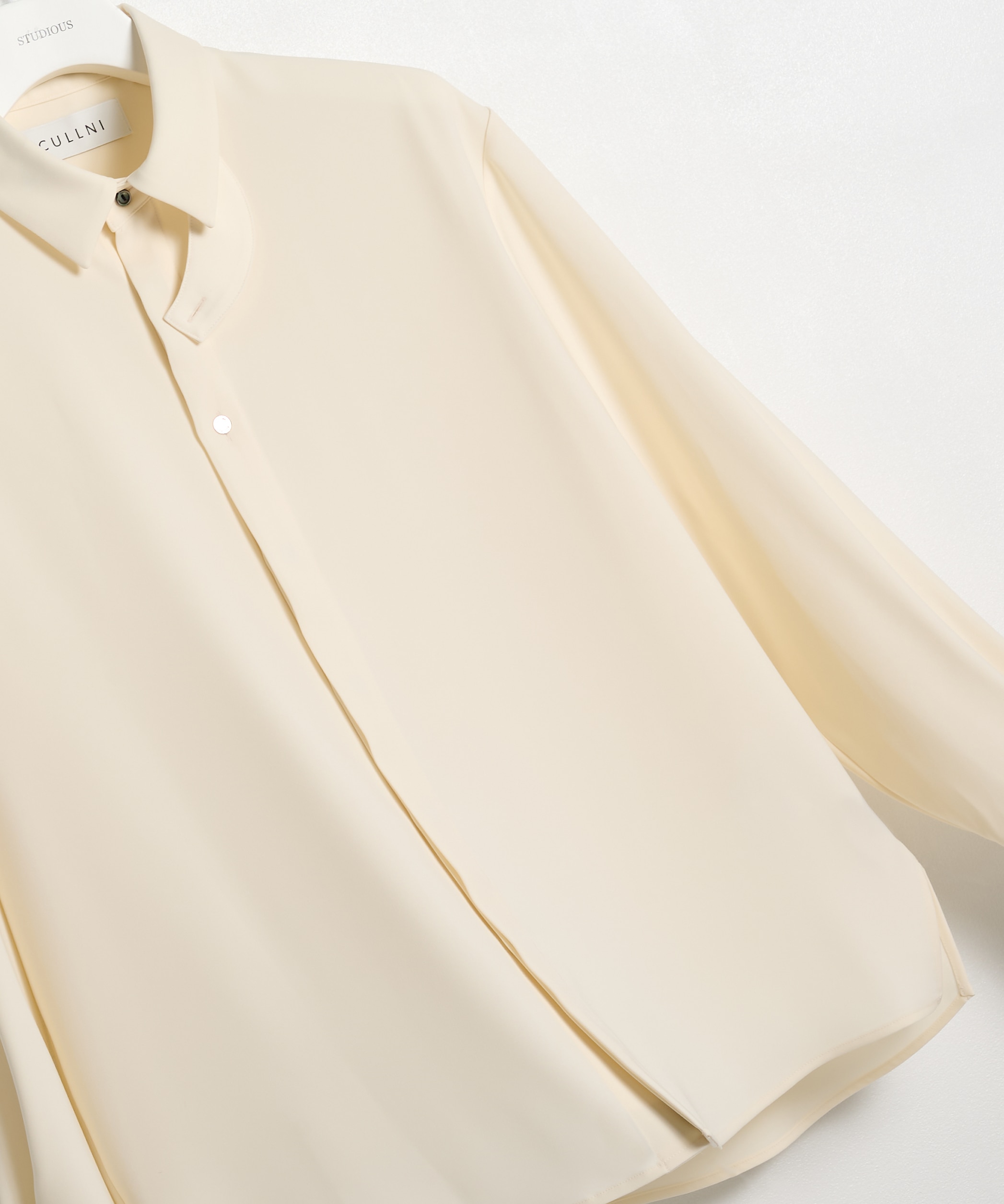 Double Satin Minimal Chin Tab Long Sleeve Shirt