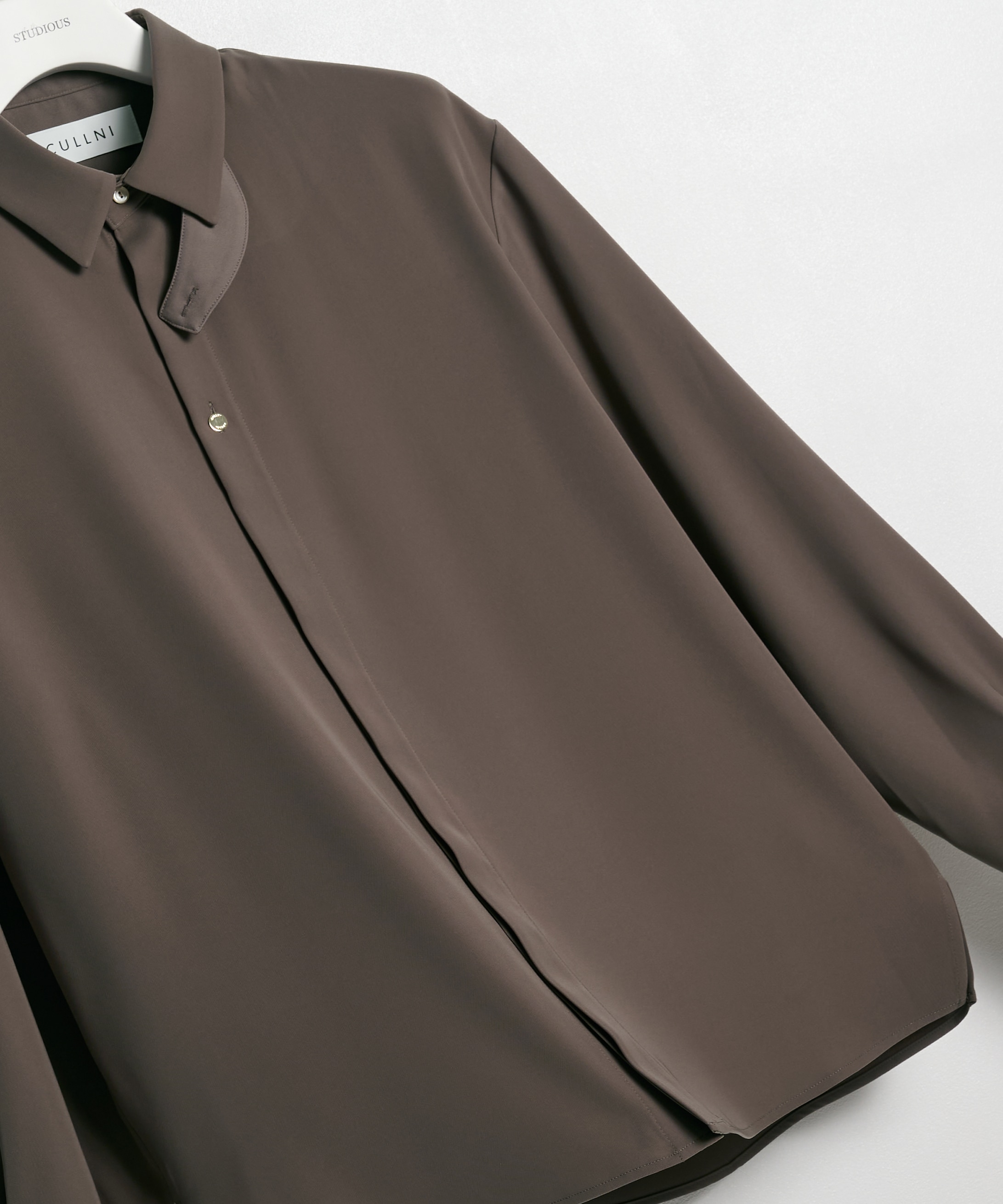 Double Satin Minimal Chin Tab Long Sleeve Shirt