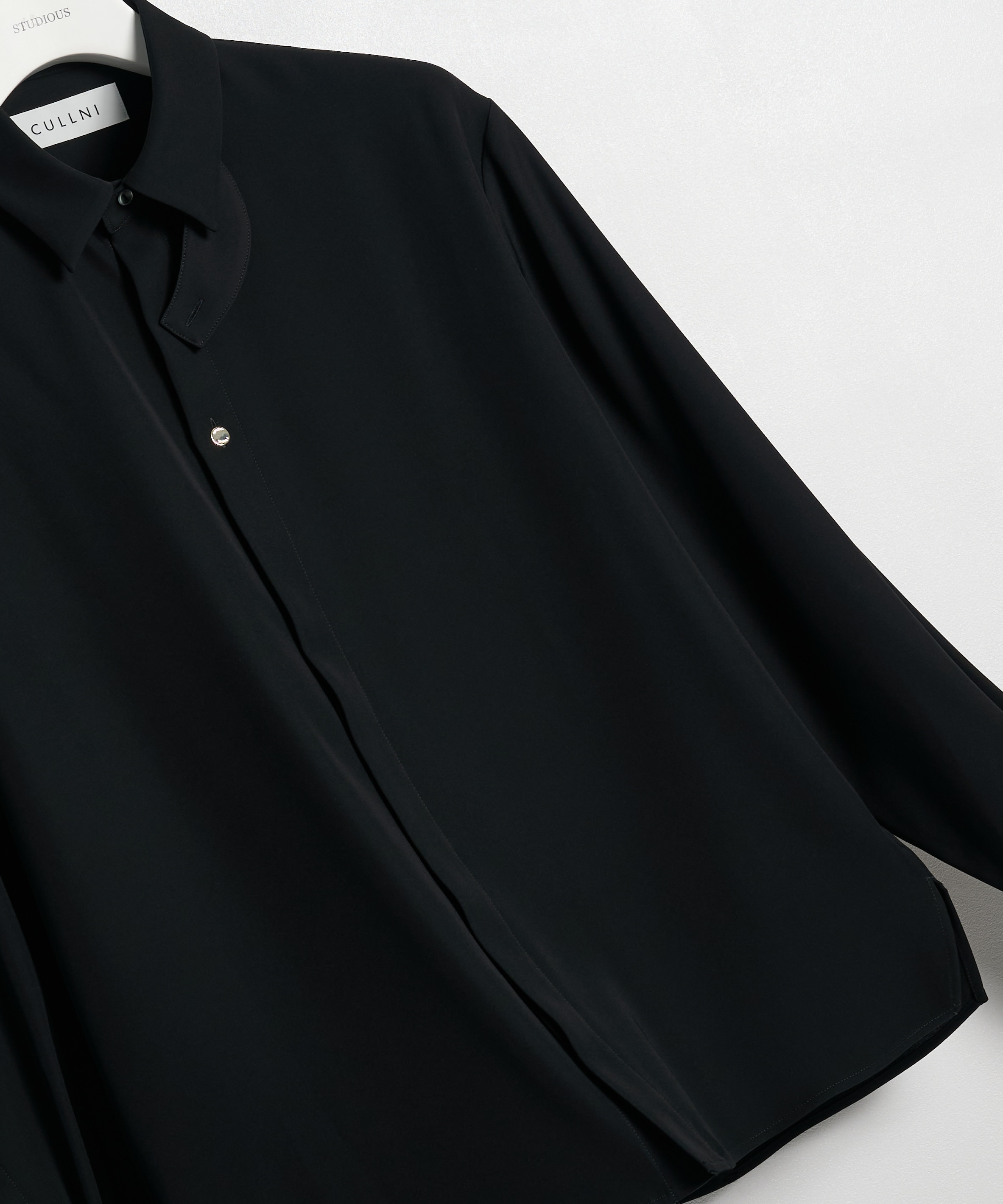 Double Satin Minimal Chin Tab Long Sleeve Shirt