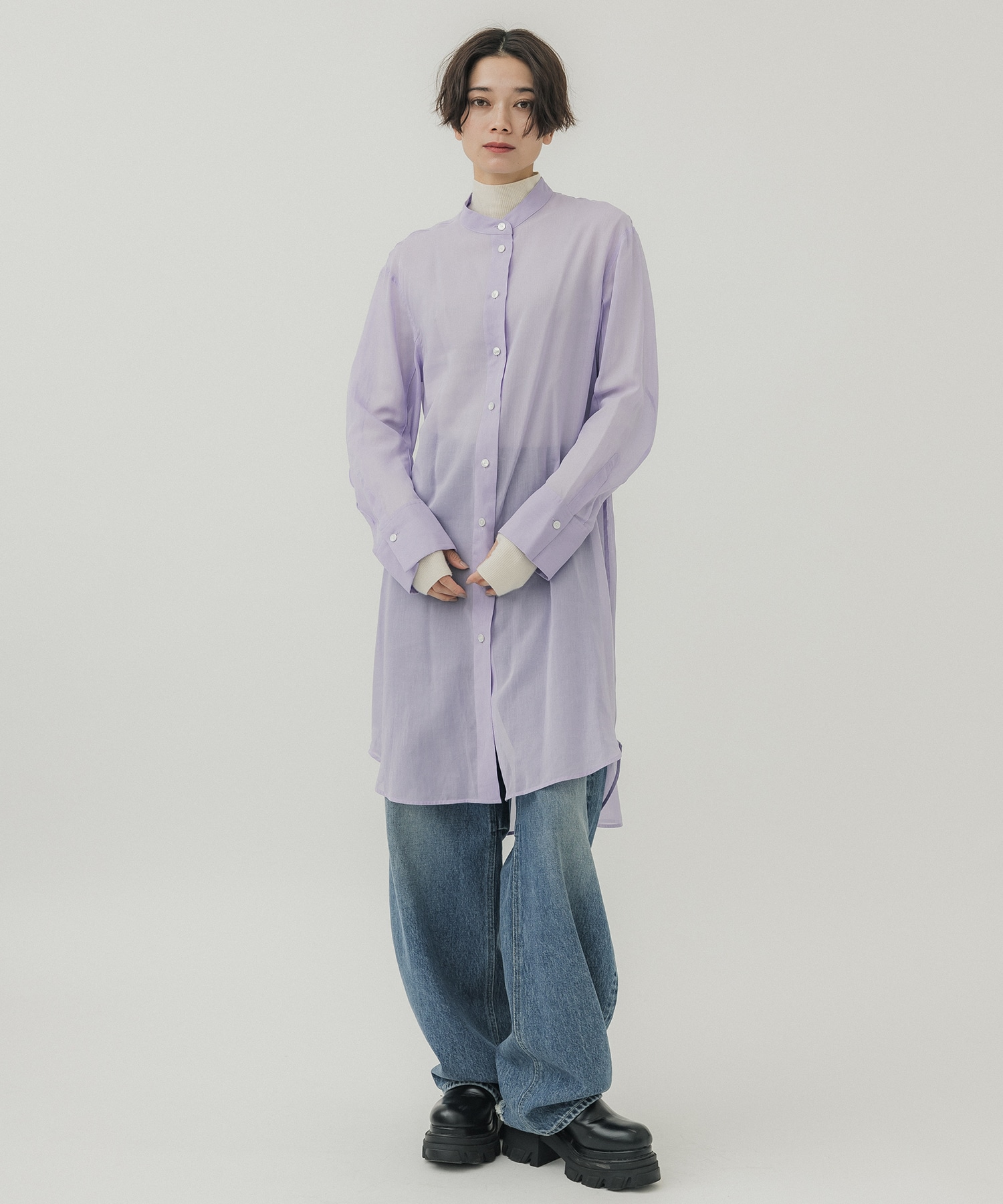 COTTON ORGANDIE NO COLLAR LONG SHIRT