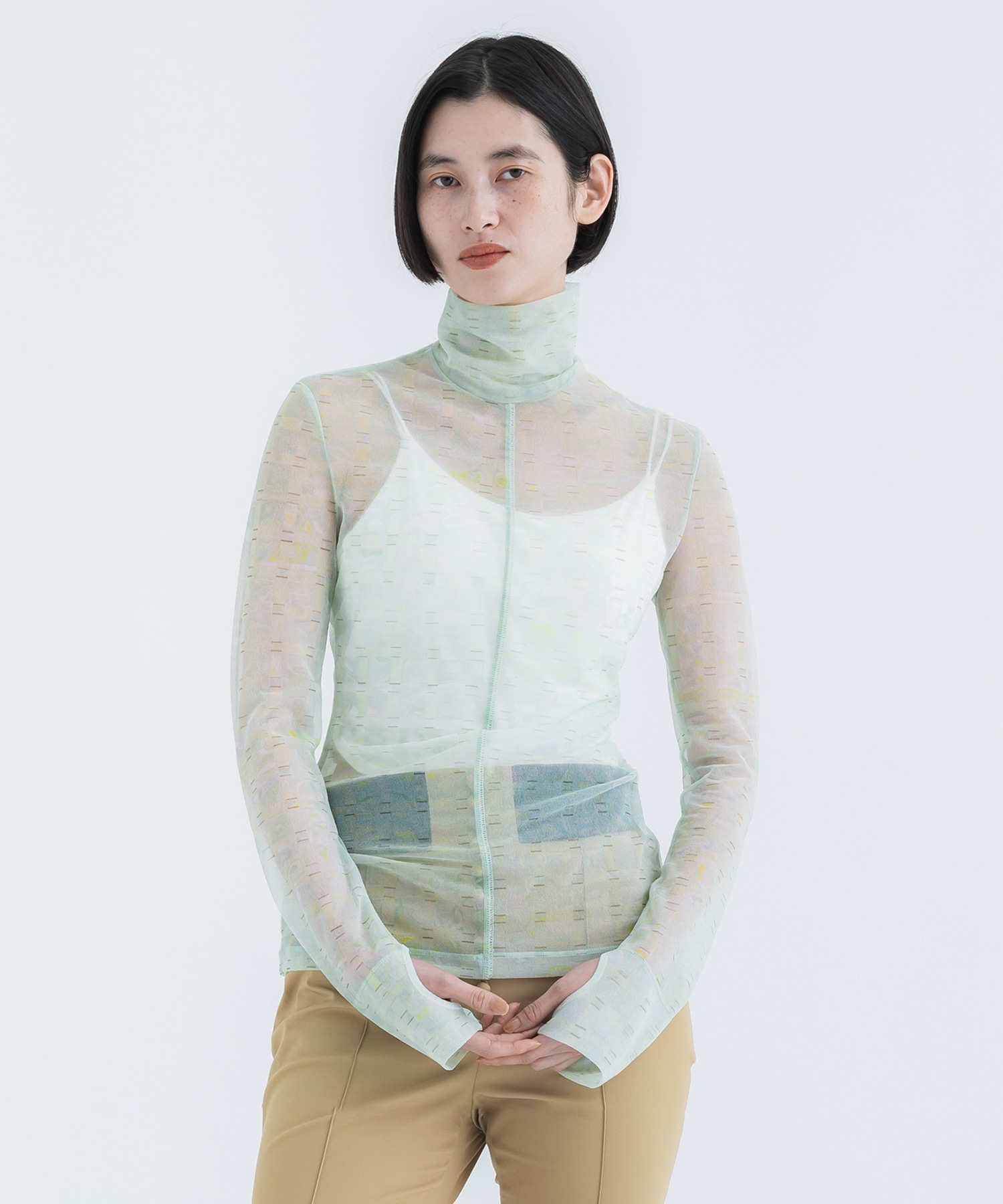 Marble Printed Plaid Sheer High Neck Top