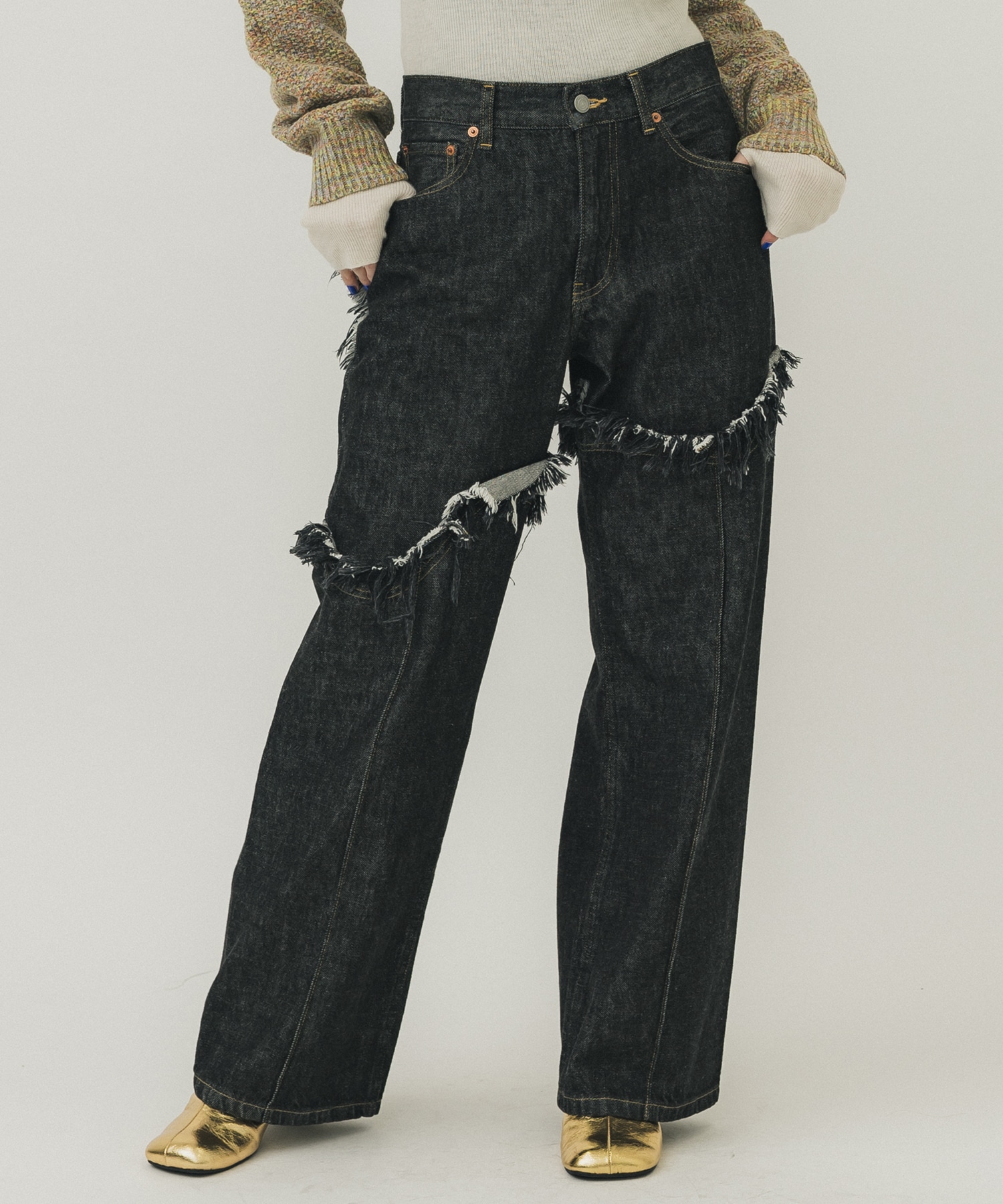 FRINGE DENIM PANTS