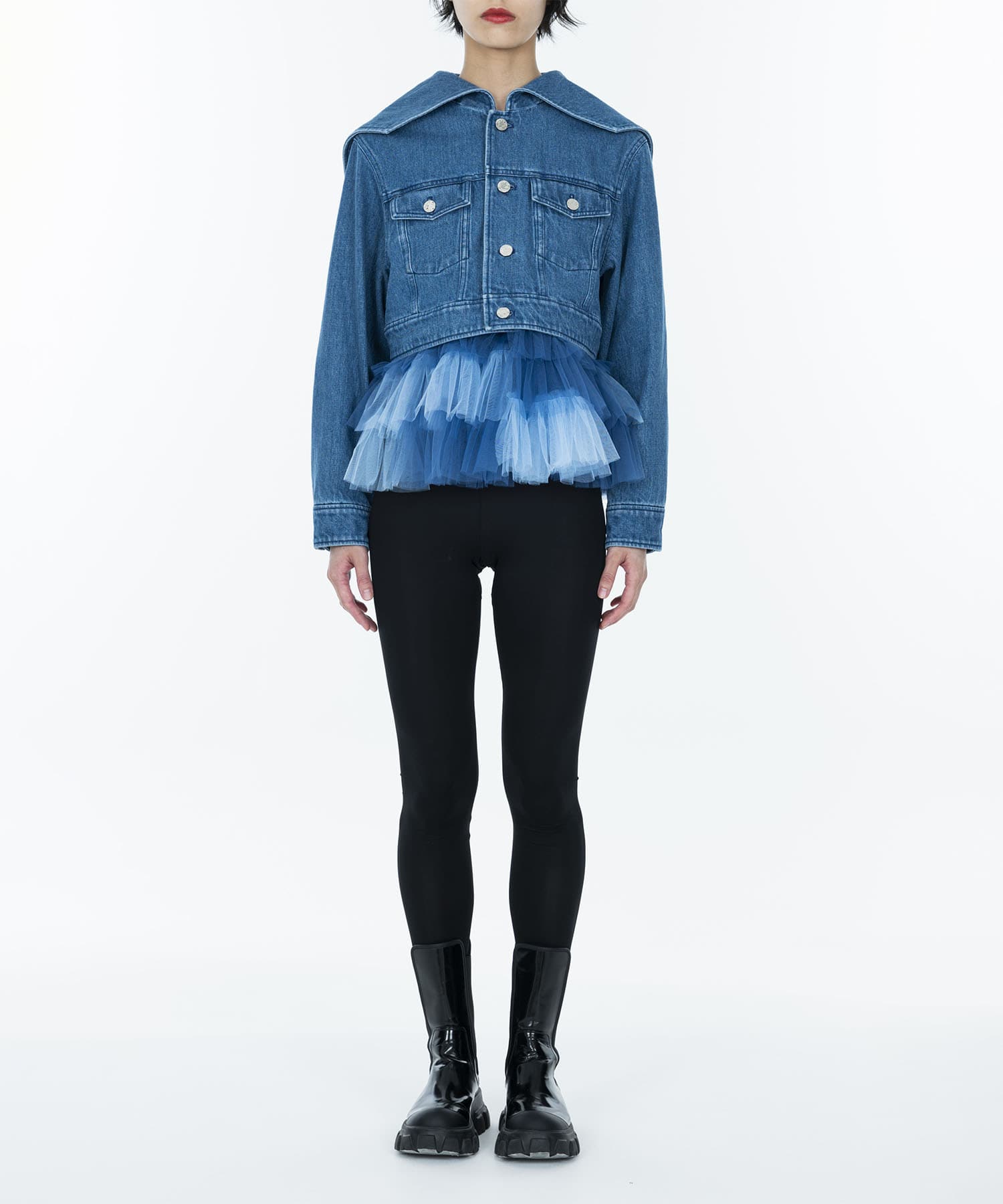 Embroidered Tulle Trimmed Sailor Collar Cropped Jacket