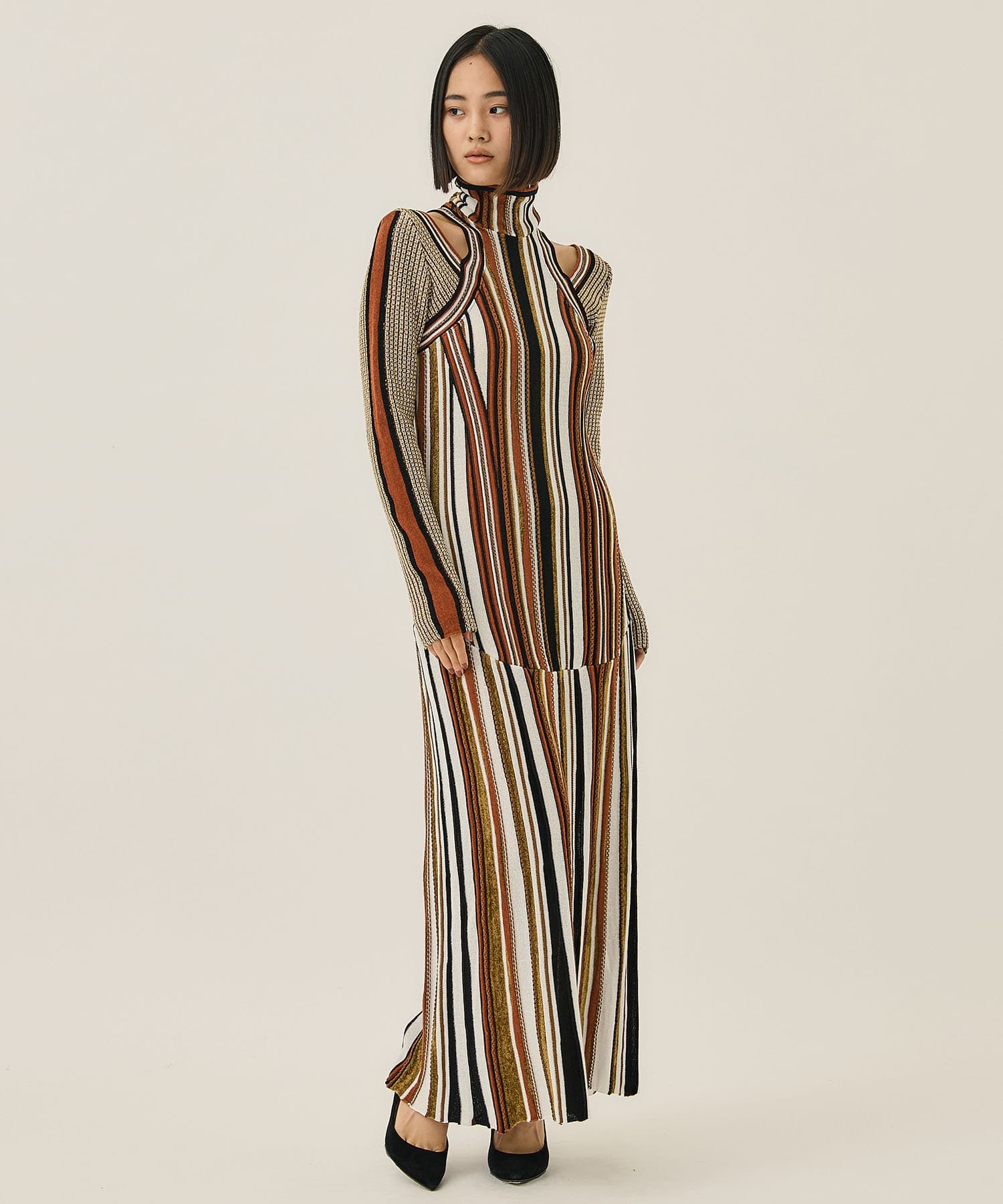 Stripe Jacquard High Neck Knitted Dress