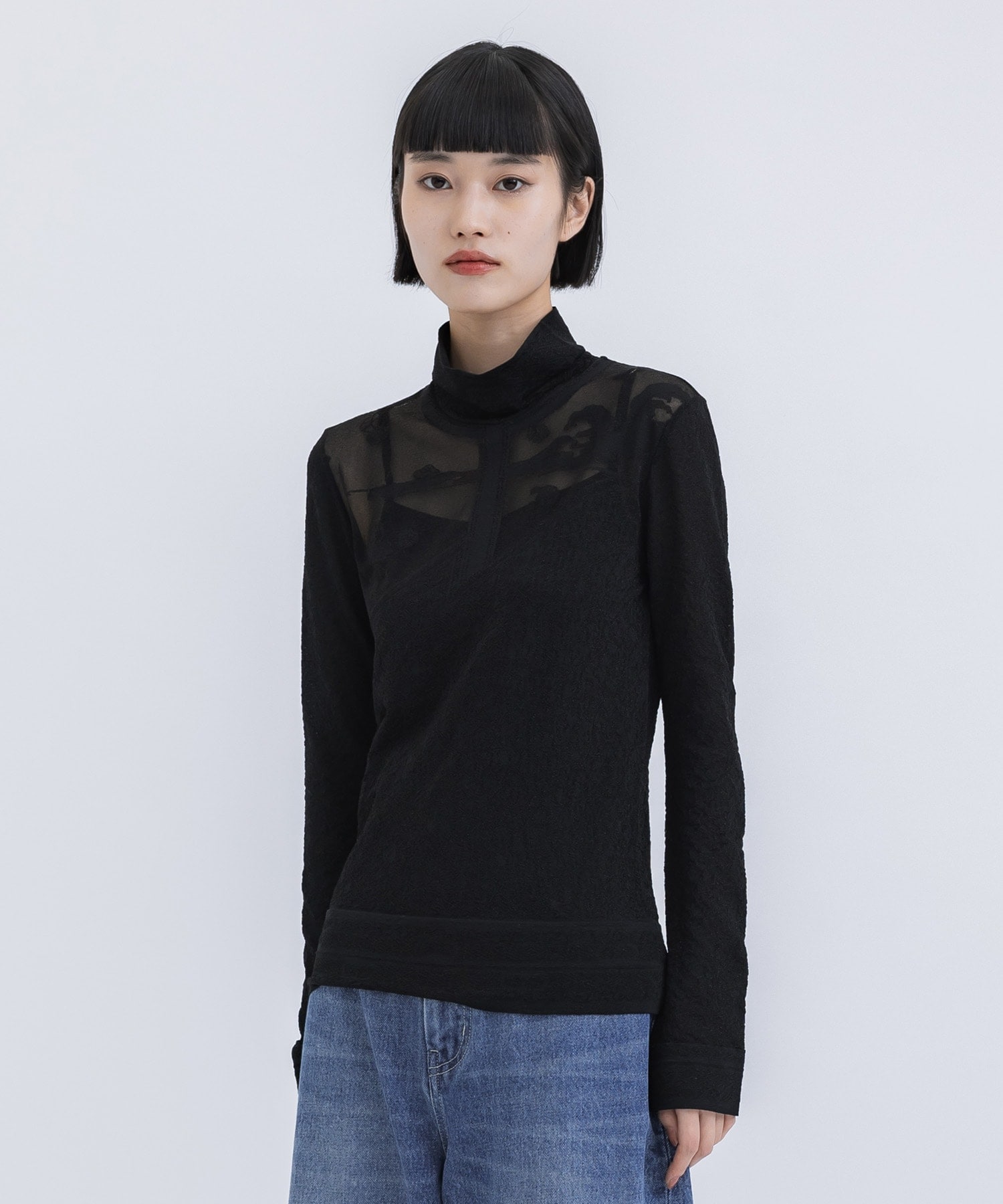 Landscape Graphic Sheer Knitted High Neck Top