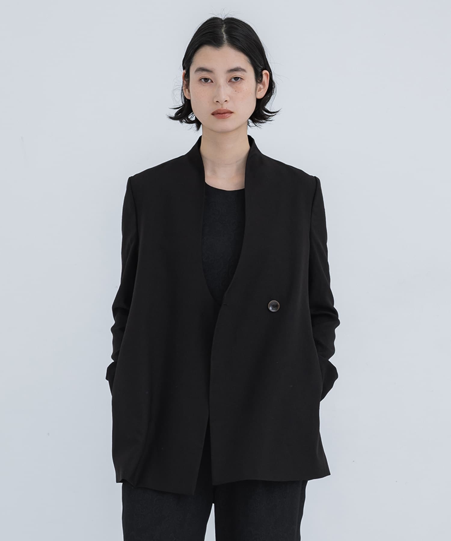 Linen Touch Triacetate Collarless Double Breasted Jacket