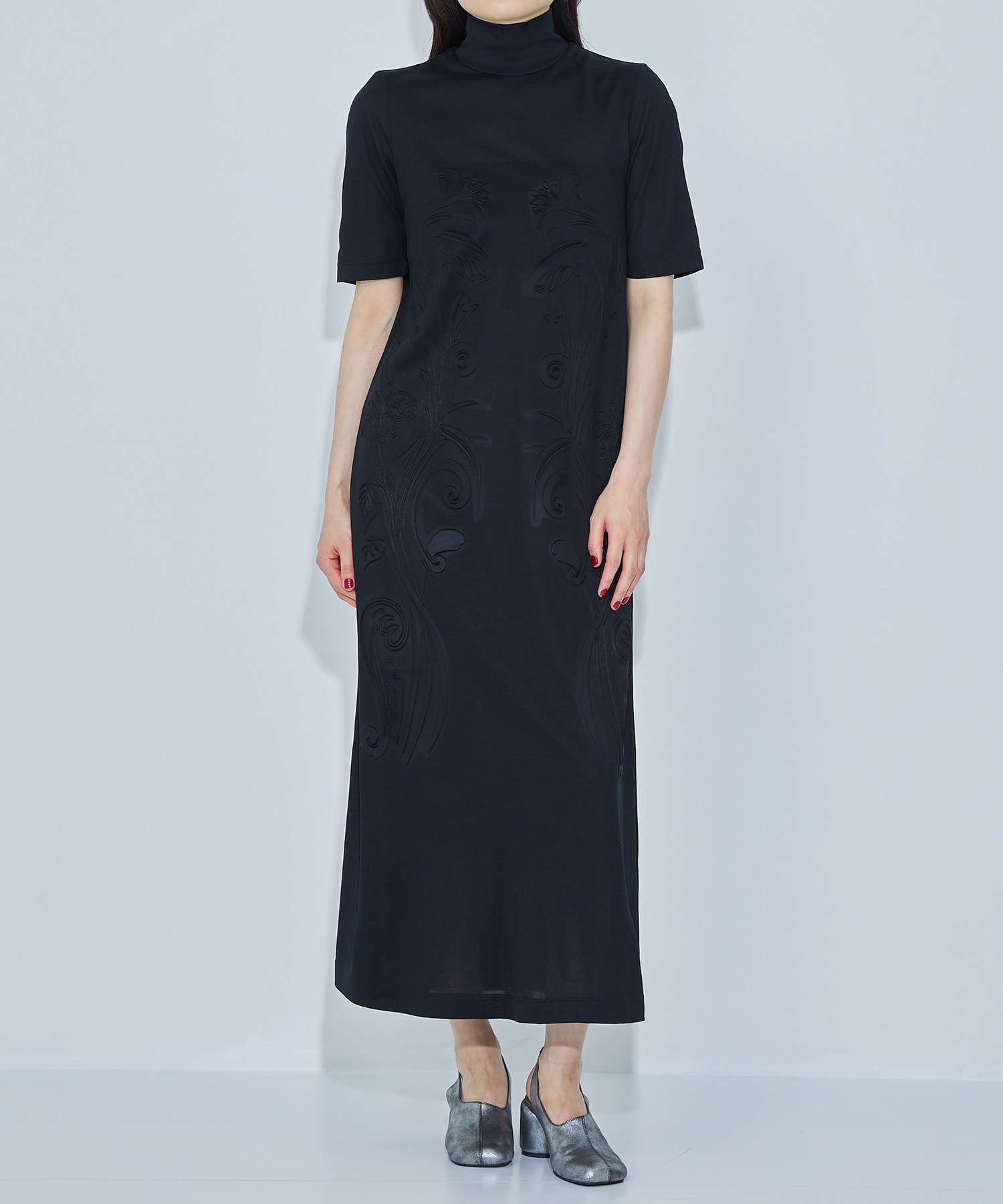 Floral Embossed Cotton Jersey A-Line Dress