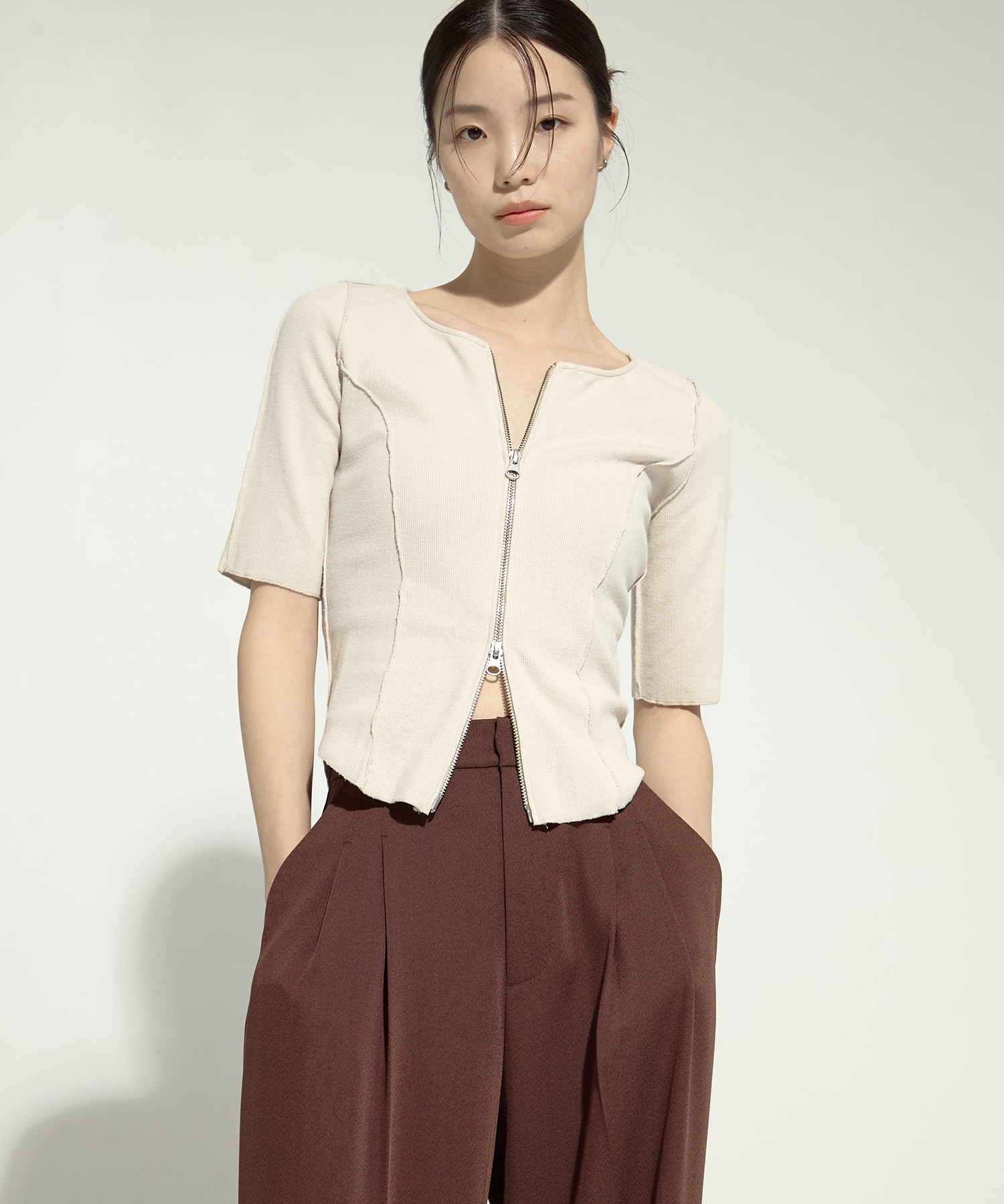 Half Sleeve Zip Up Rib Top