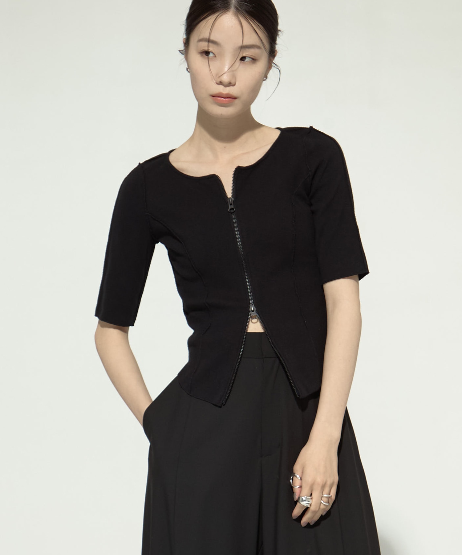 Half Sleeve Zip Up Rib Top