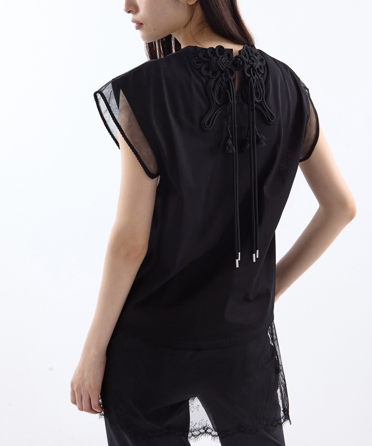 別注 China ribbon no sleeve T-shirt