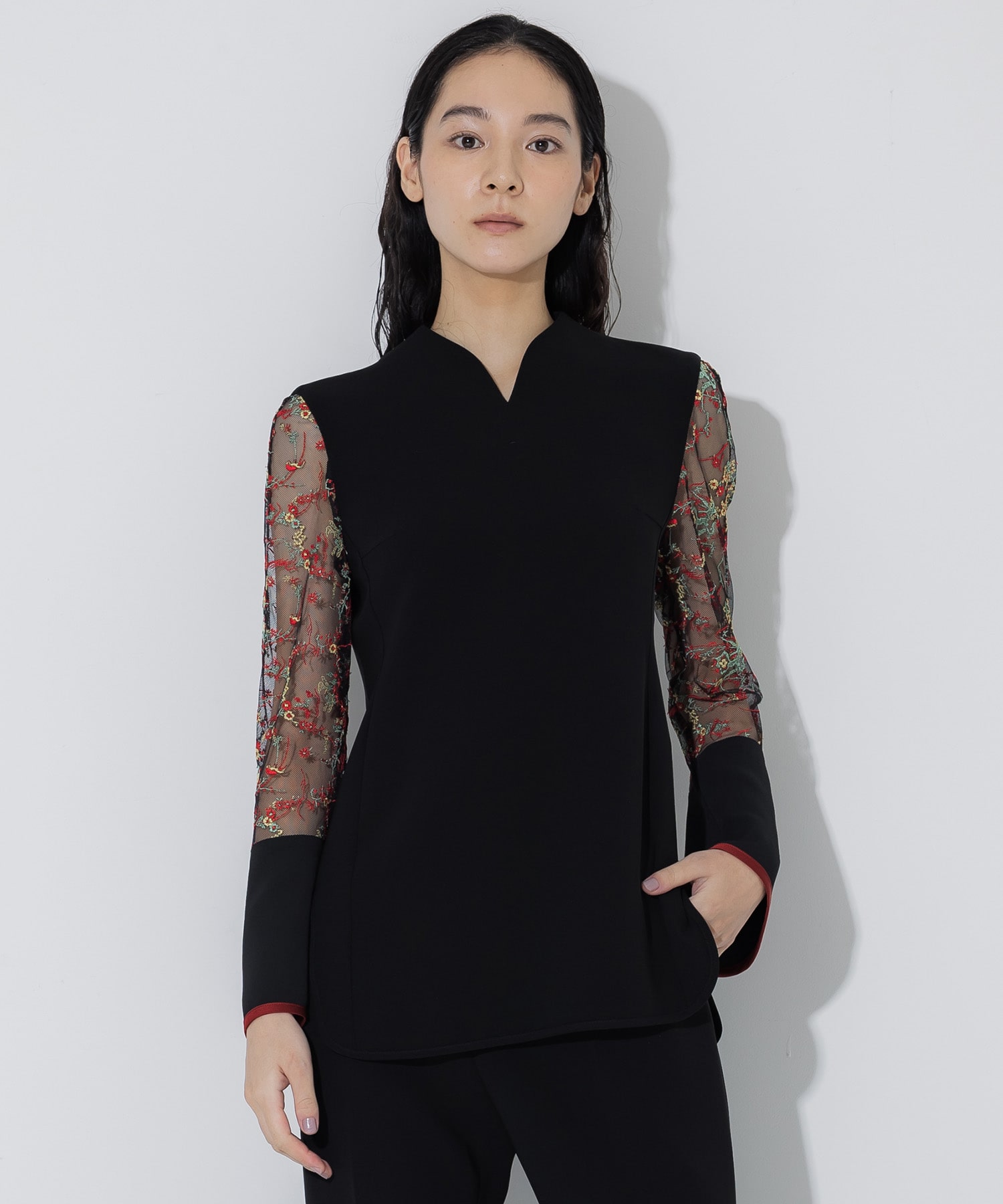 Acetate Polyester Floral Lace-Sleeve Shirt