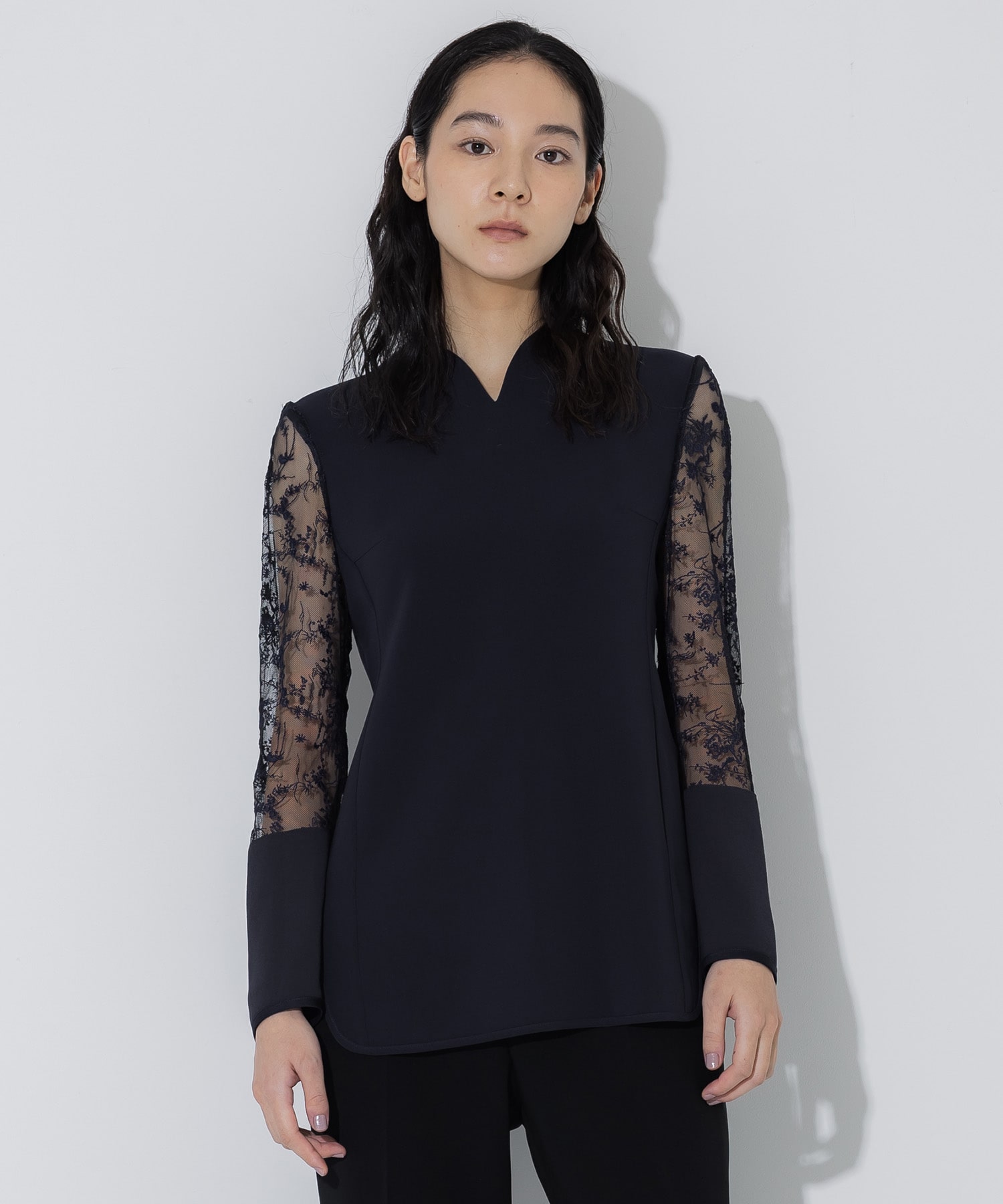 Acetate Polyester Floral Lace-Sleeve Shirt