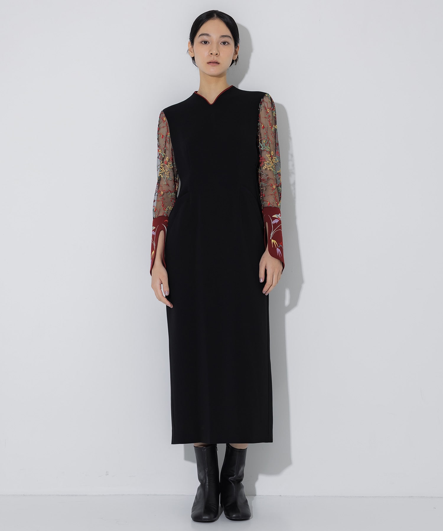 Acetate Polyester Floral Lace-Sleeve Dress