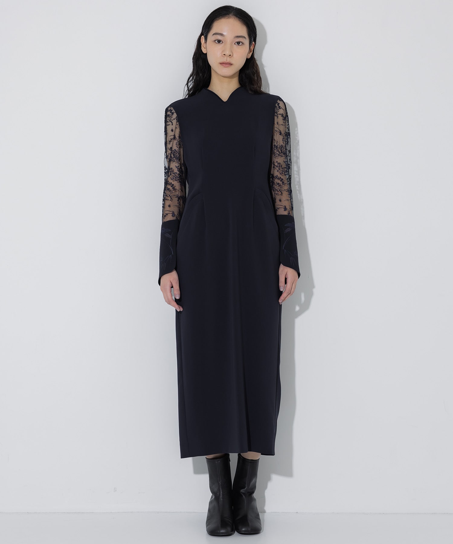 Acetate Polyester Floral Lace-Sleeve Dress