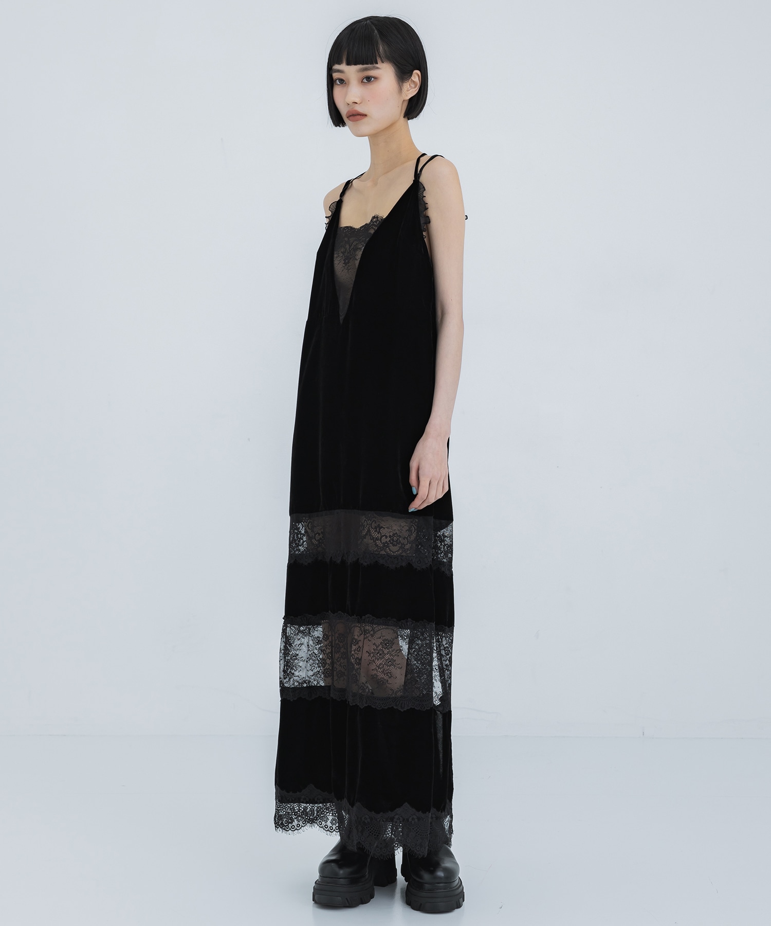 別注 black lace velour camisole dress