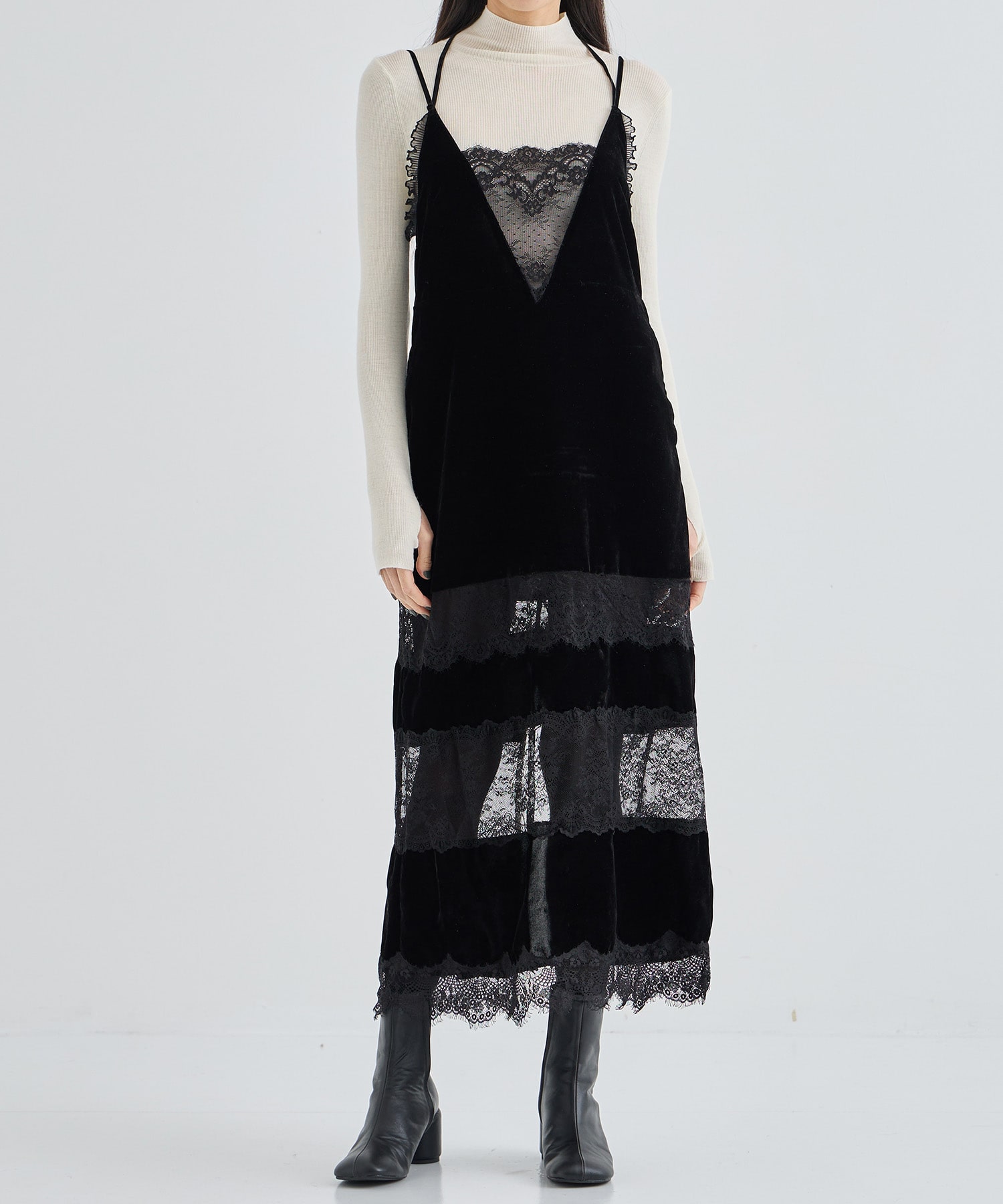 別注 black lace velour camisole dress