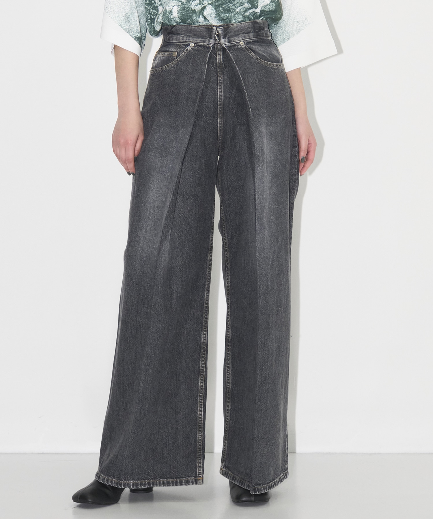 WASHED DENIM WIDE PANTS (SHORT LENGTH)