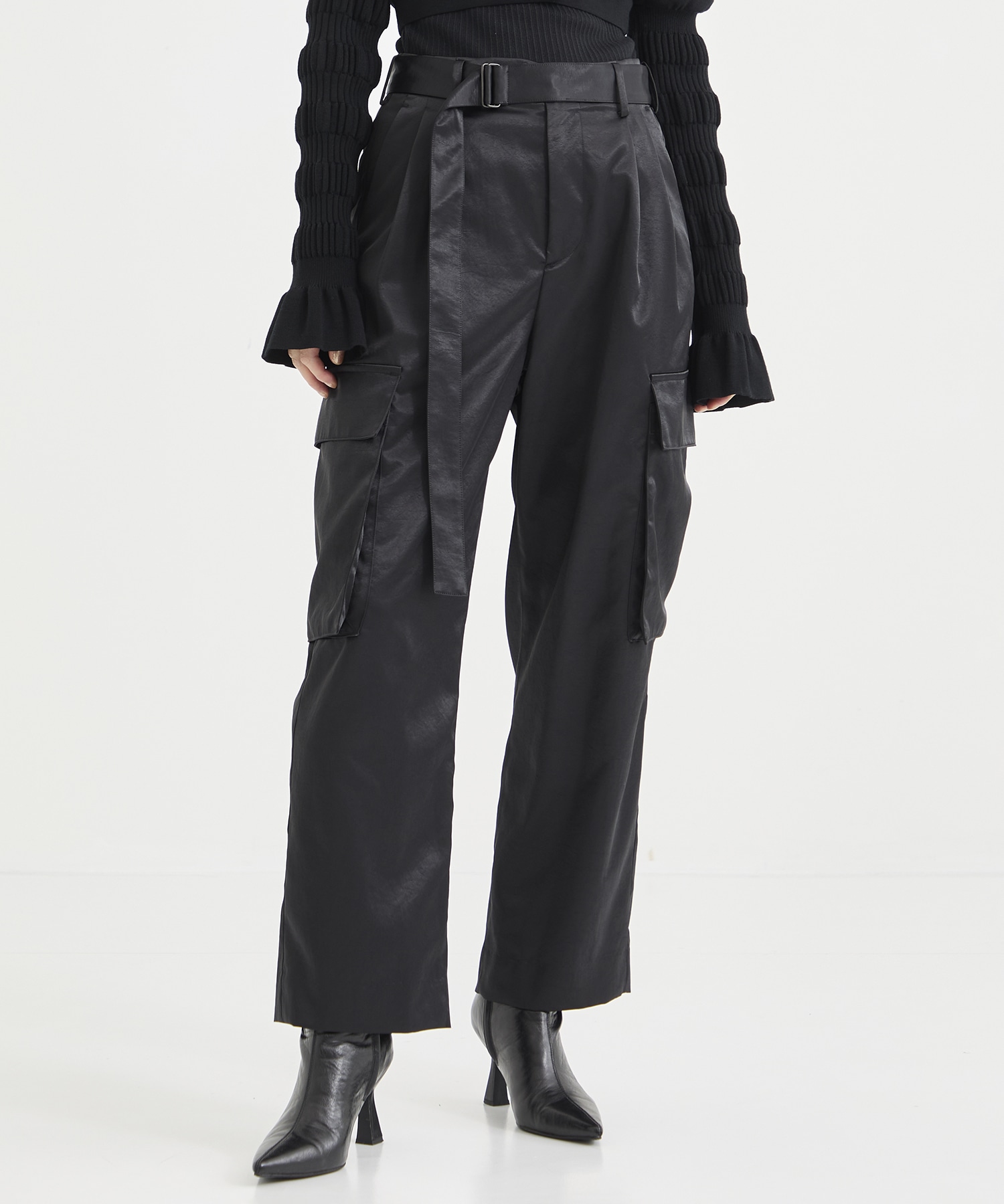 Satin belted cargo pants