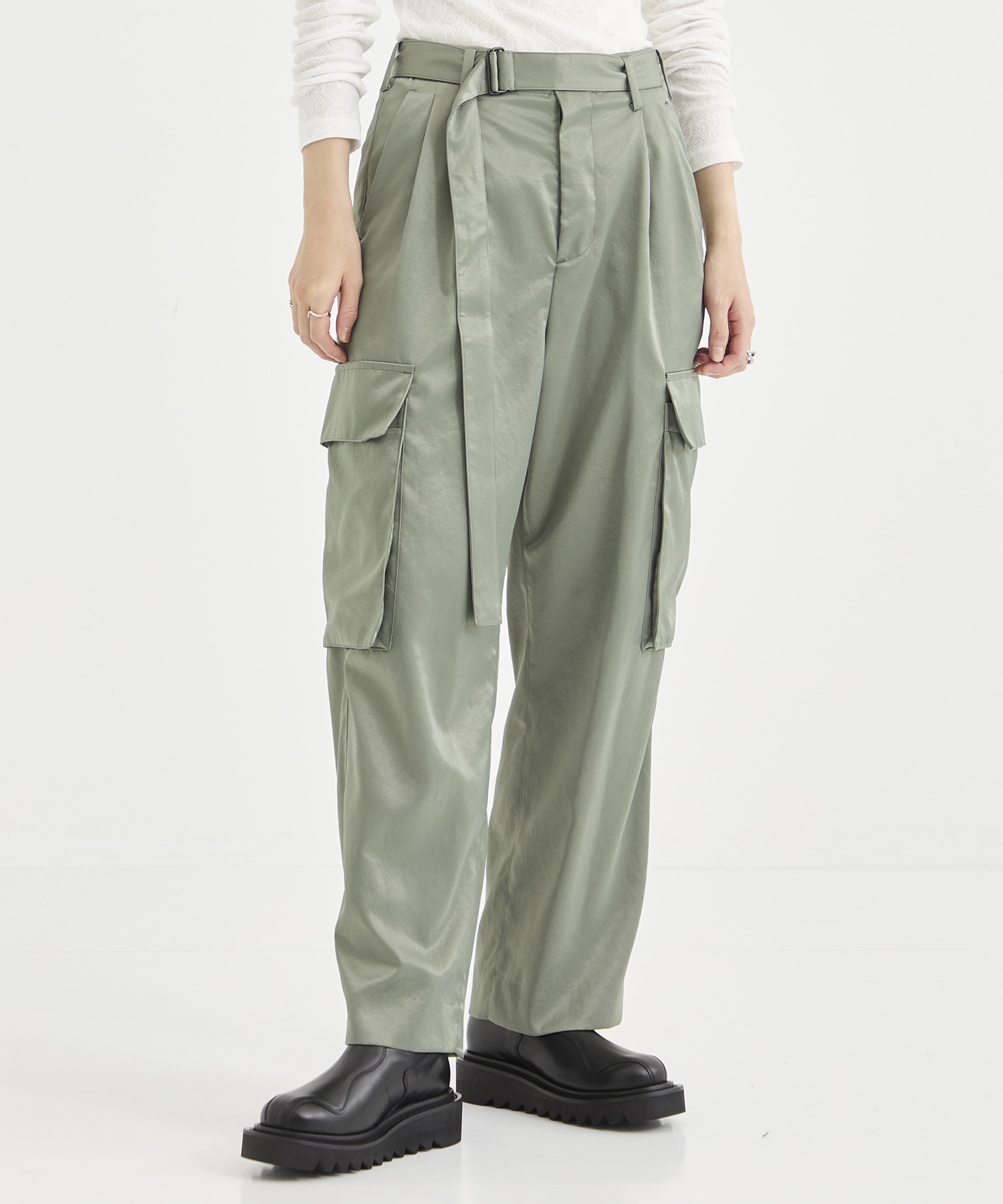 Satin belted cargo pants