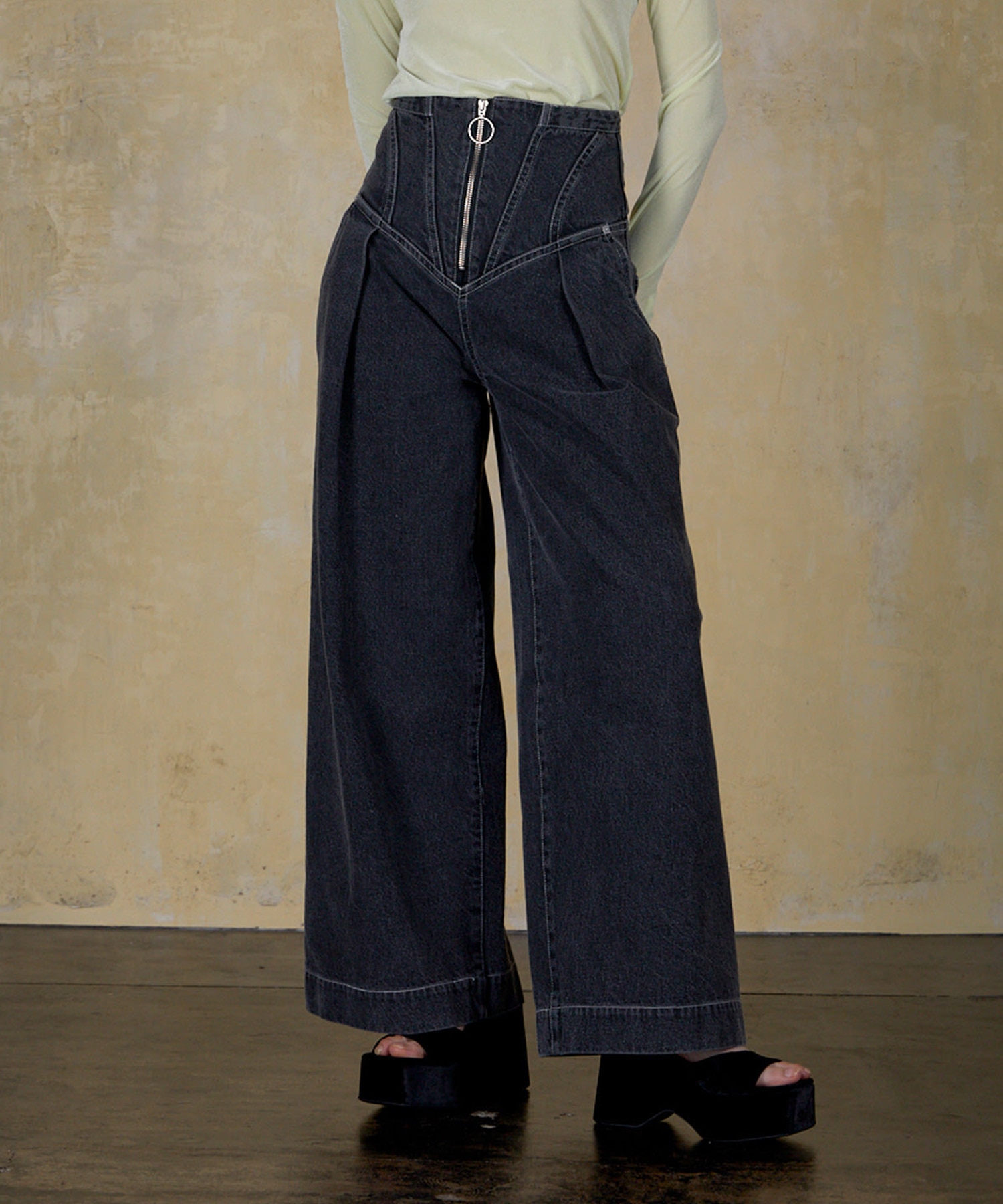 CORSET WAIST DENIM WIDE PANTS