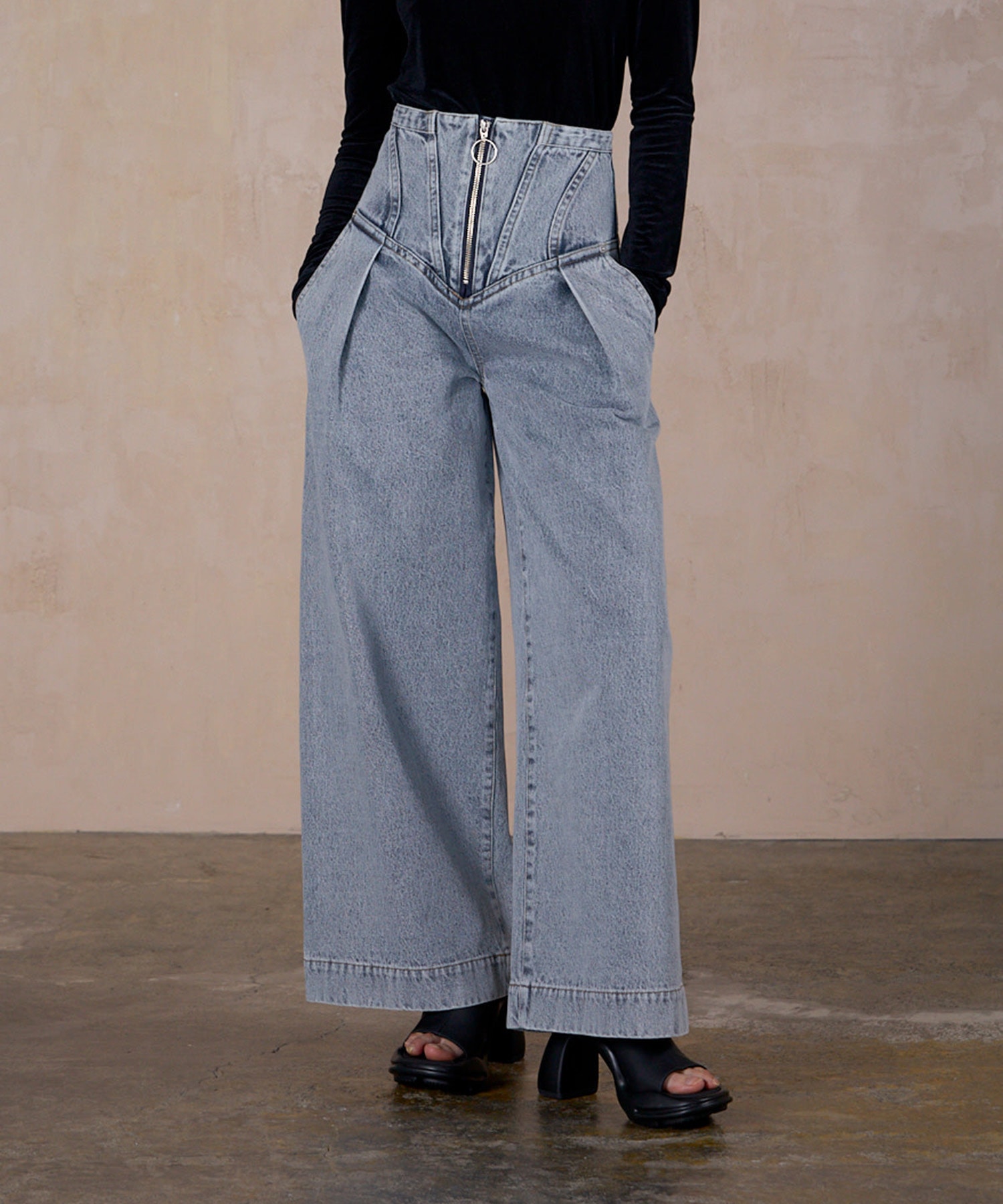 CORSET WAIST DENIM WIDE PANTS