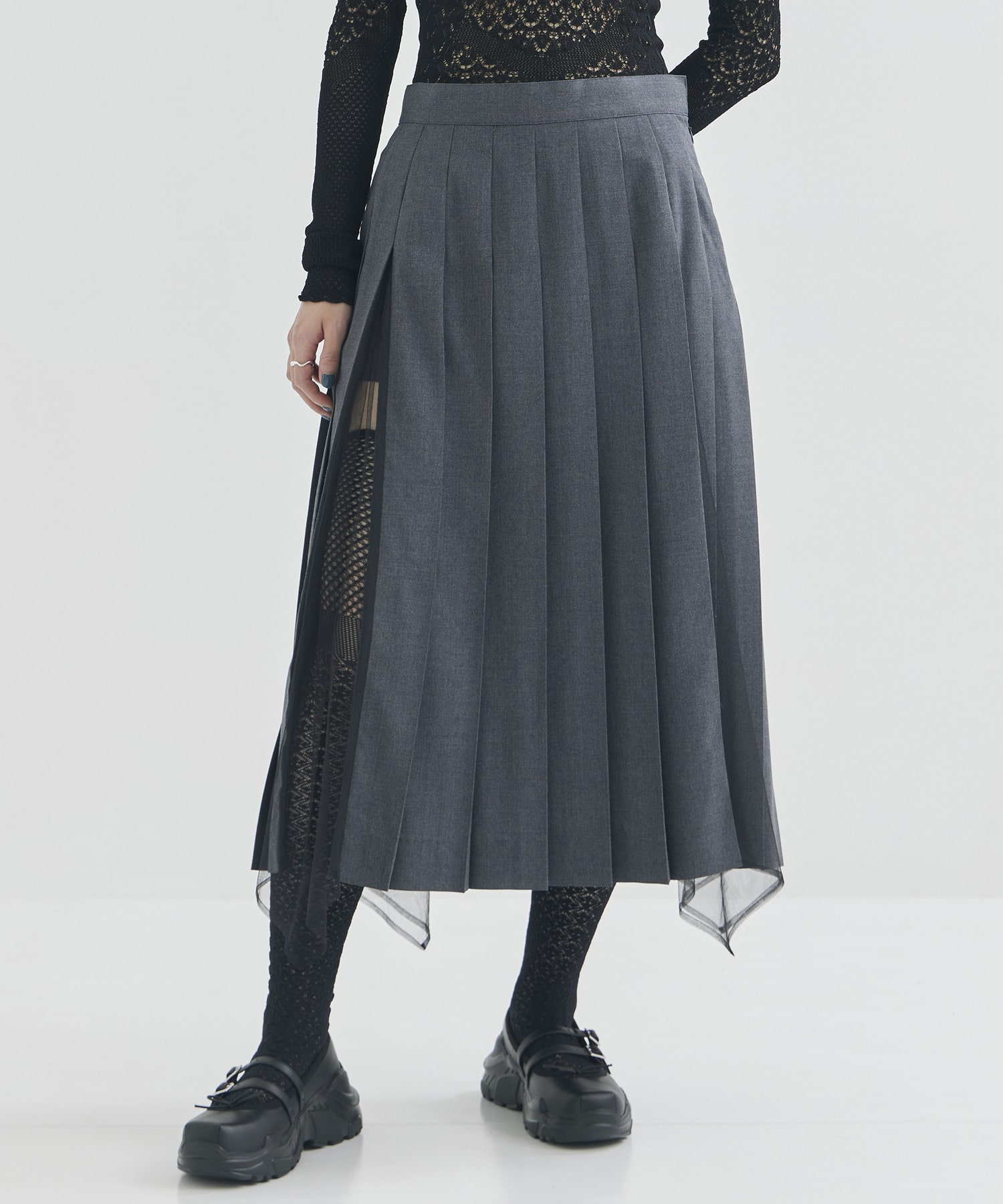 WOOL & TULLE COMBINED PLEATED SKIRT