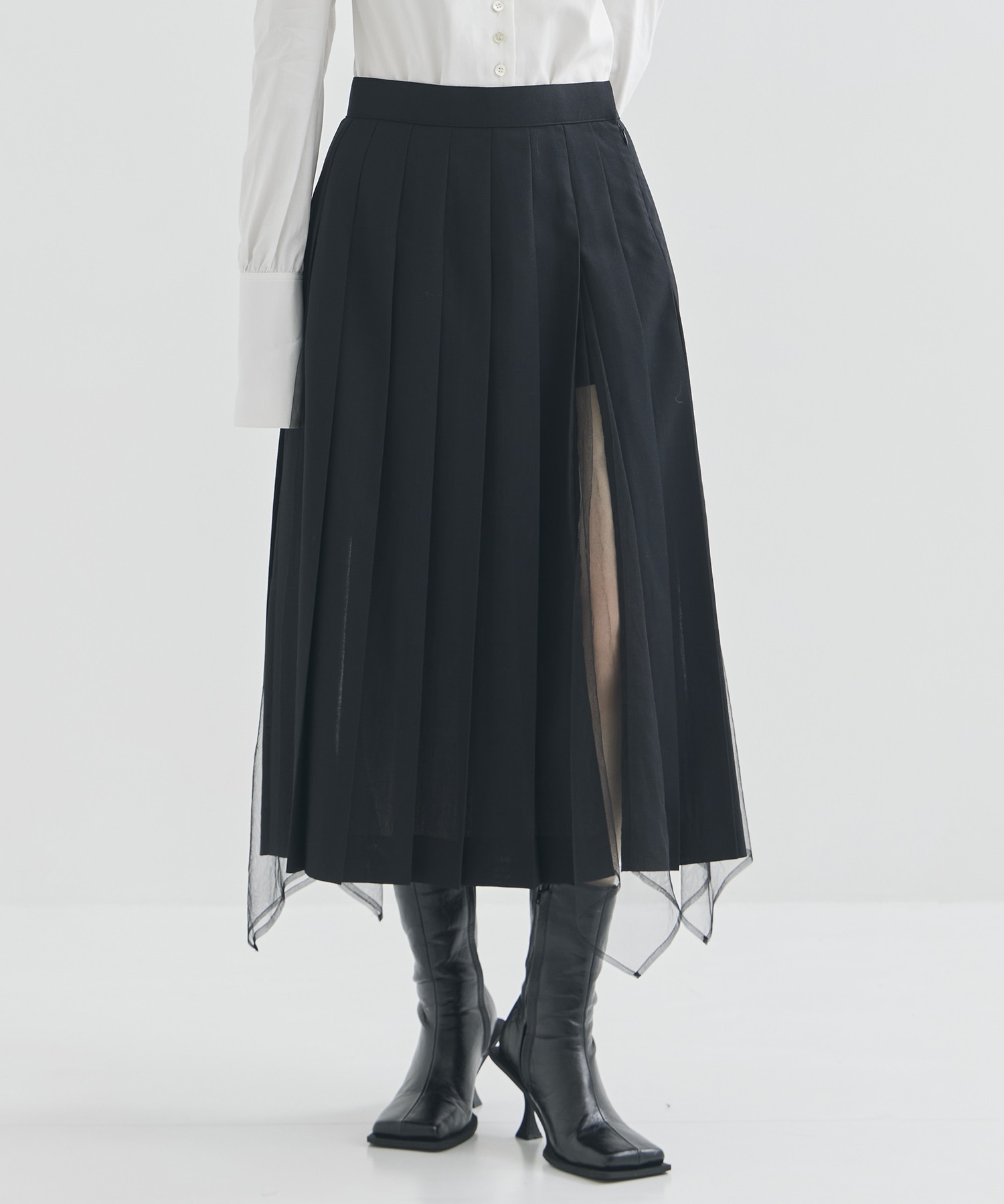 WOOL & TULLE COMBINED PLEATED SKIRT