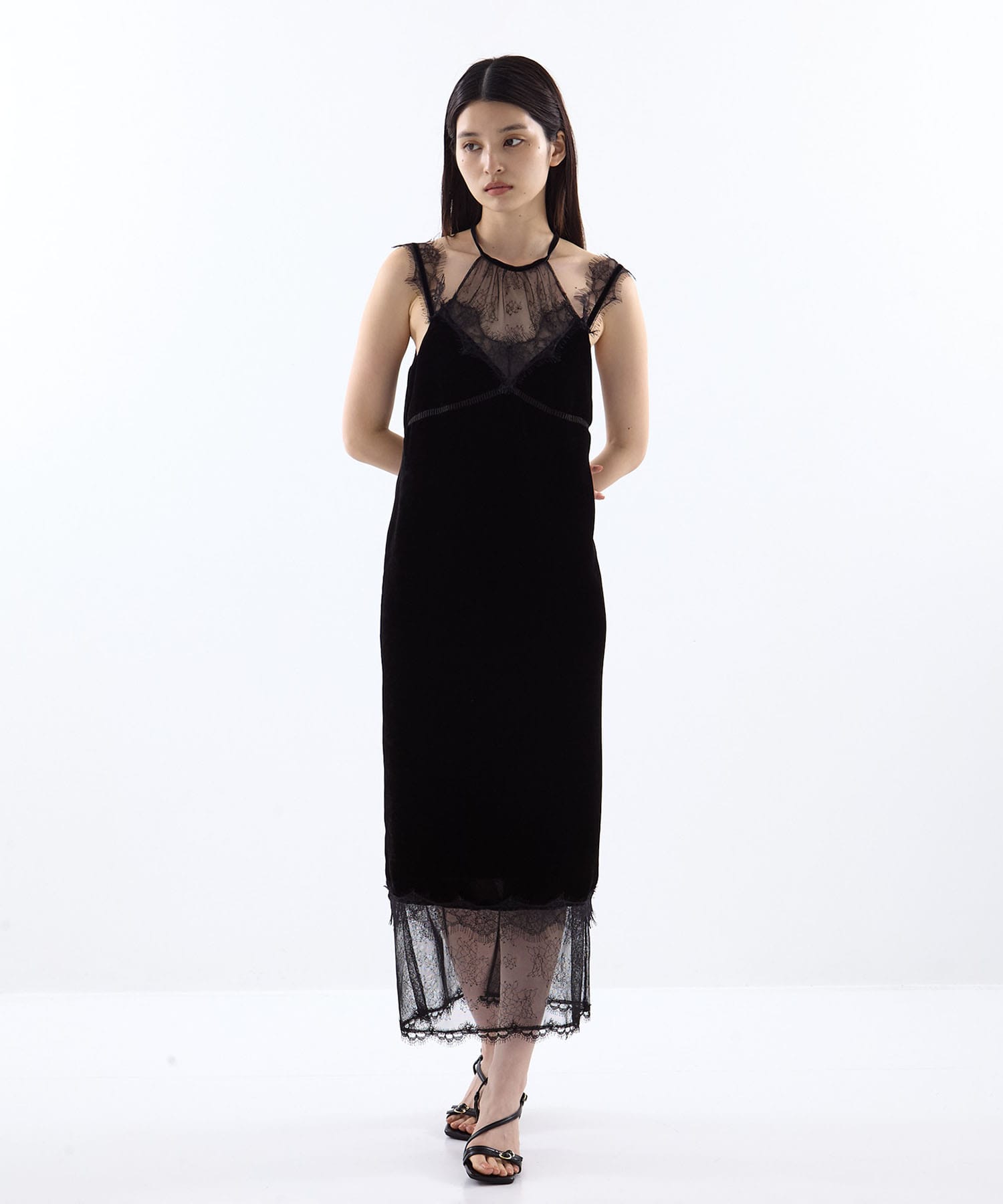 flower lace black velour camisole dress