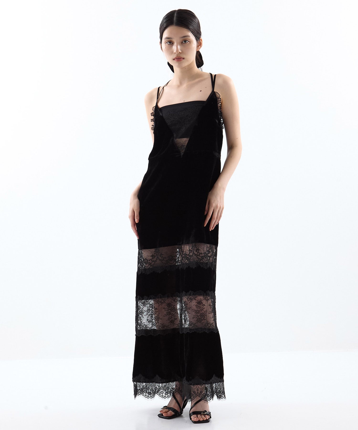別注 black lace velour camisole dress