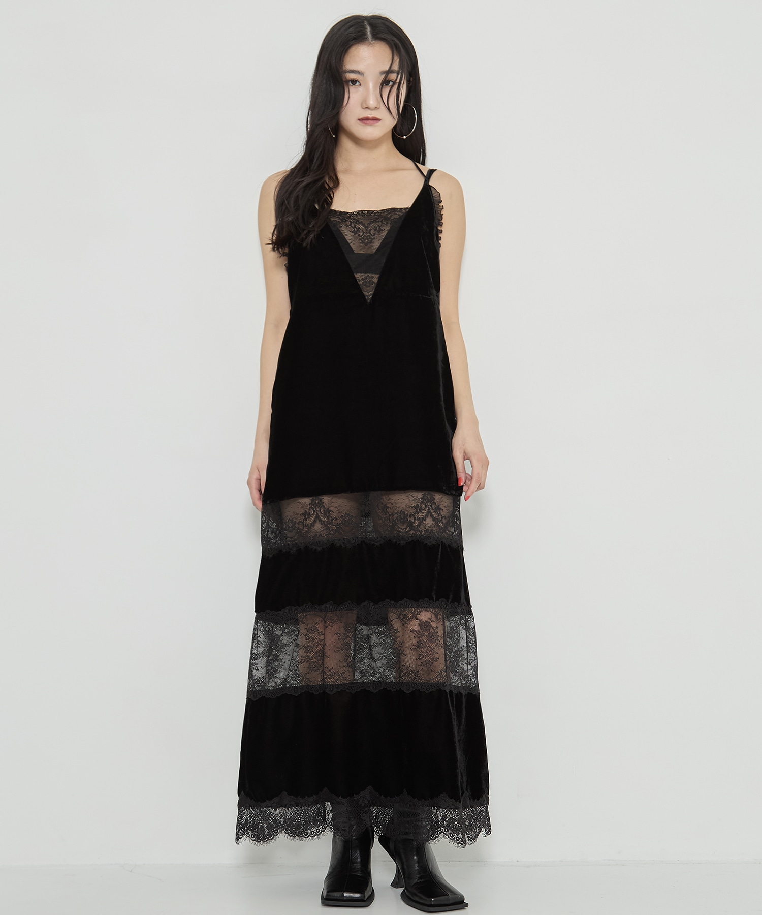 別注 black lace velour camisole dress