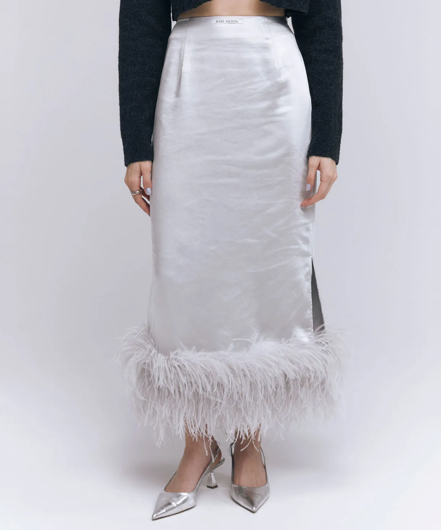 FEATHER TRIM SATIN SKIRT