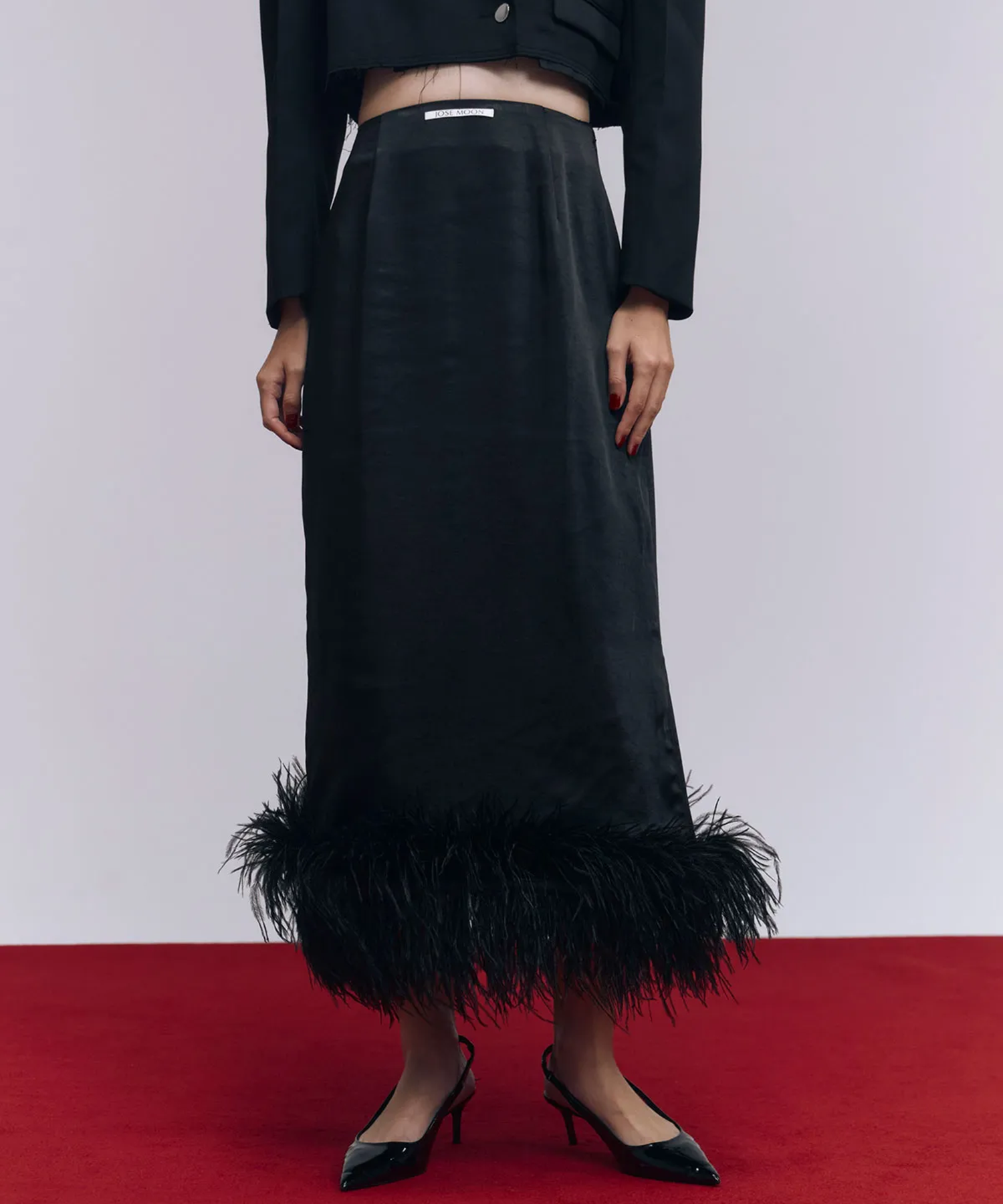 FEATHER TRIM SATIN SKIRT