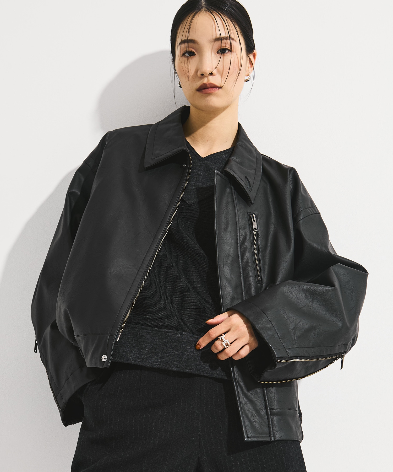 Faux Leather Stand Collar Blouson
