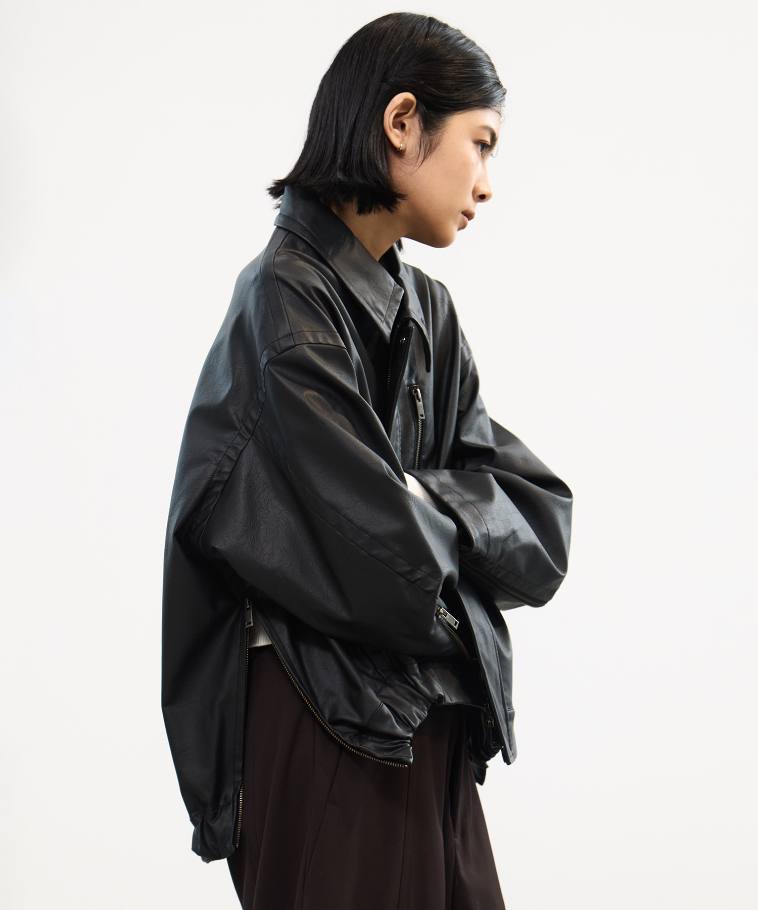 Faux Leather Stand Collar Blouson