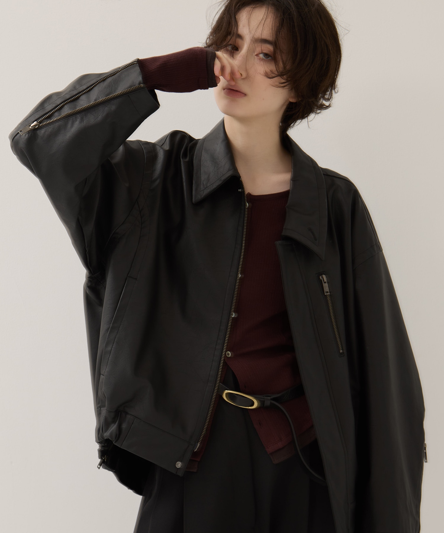 Faux Leather Stand Collar Blouson
