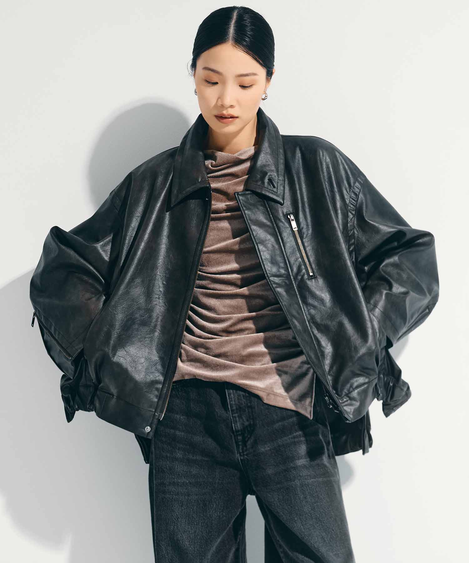 Faux Leather Stand Collar Blouson