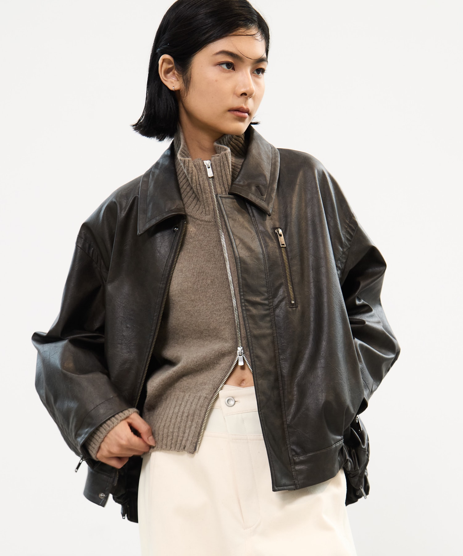 Faux Leather Stand Collar Blouson