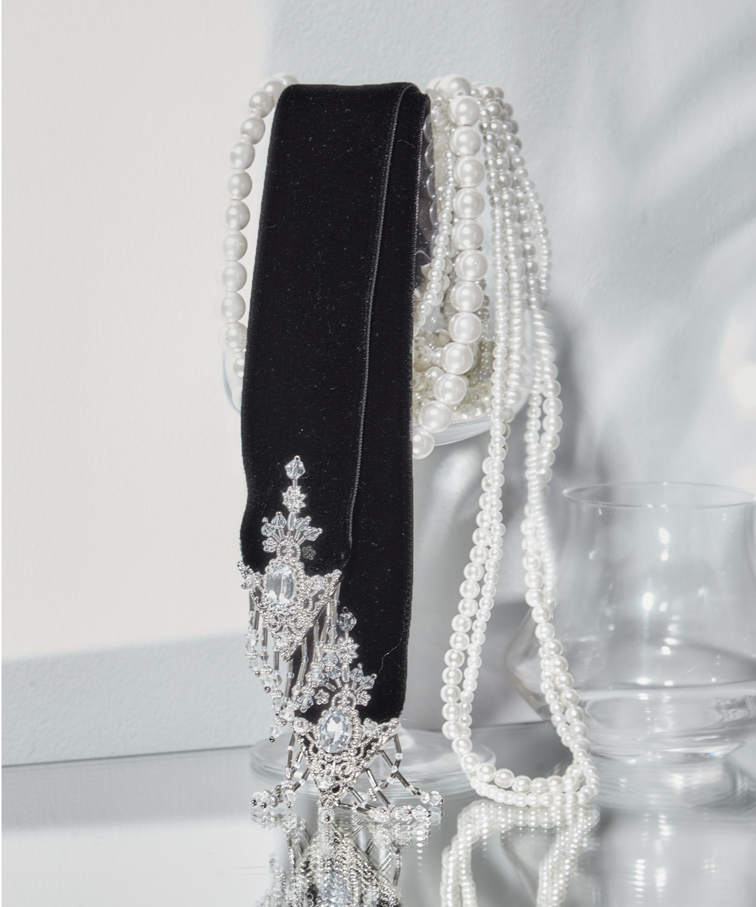 crystal silver tip velvet long ribbon