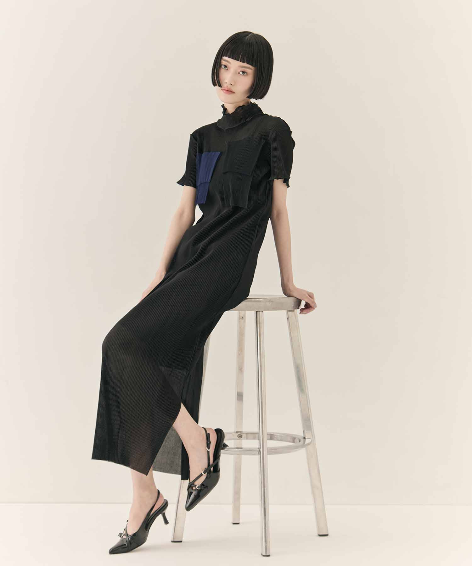 別注SHEER LAYERED SHORT SLEEVE HIGH NECK  DRESS