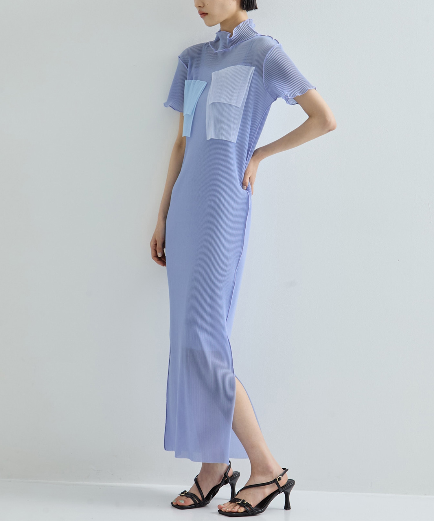 別注SHEER LAYERED SHORT SLEEVE HIGH NECK  DRESS