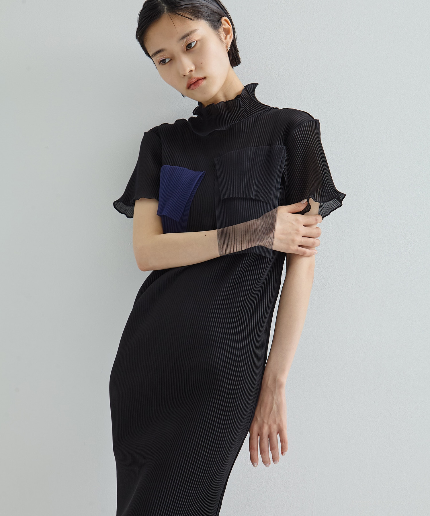 別注SHEER LAYERED SHORT SLEEVE HIGH NECK  DRESS