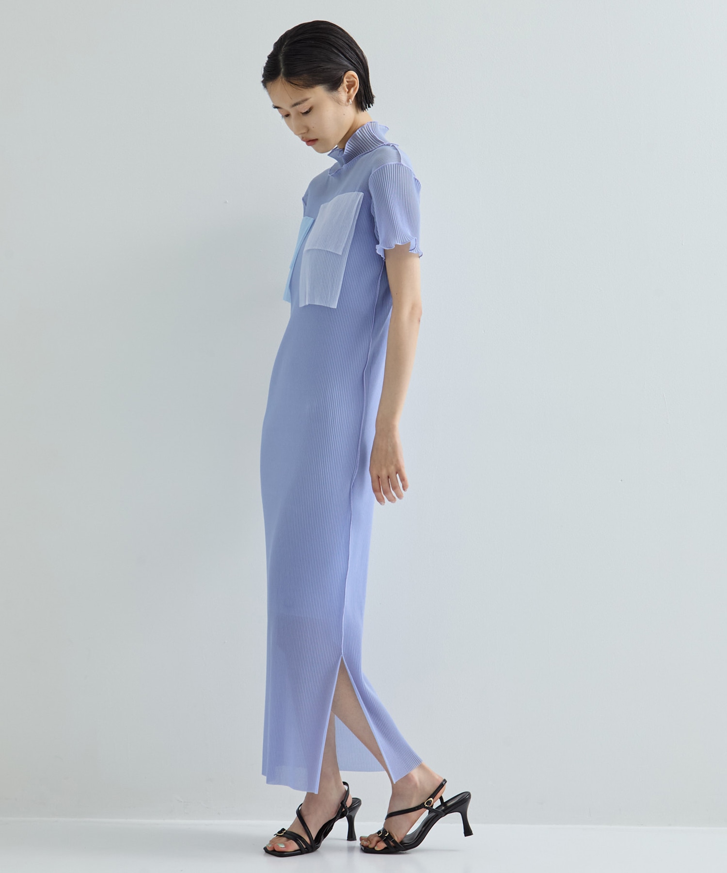 別注SHEER LAYERED SHORT SLEEVE HIGH NECK  DRESS
