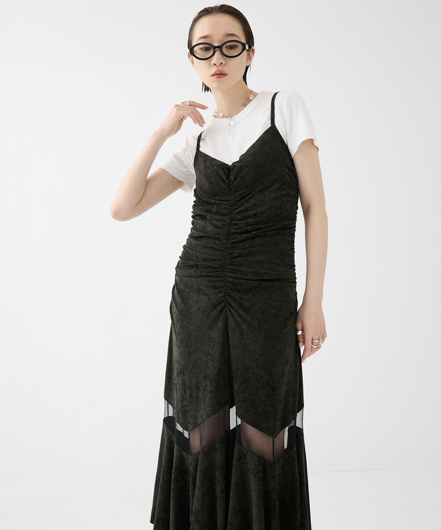 別注 VELOUR SHEER CUT HEM DRESS