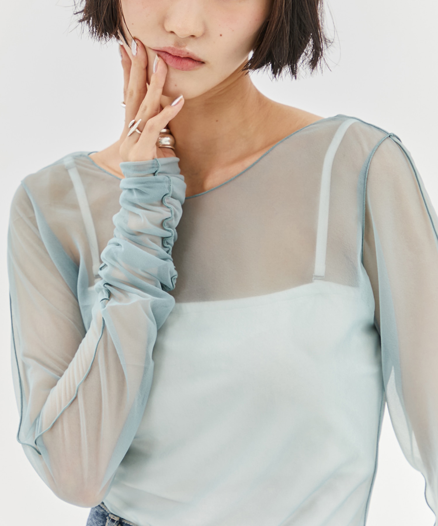 Gathered Sleeve Sheer Top