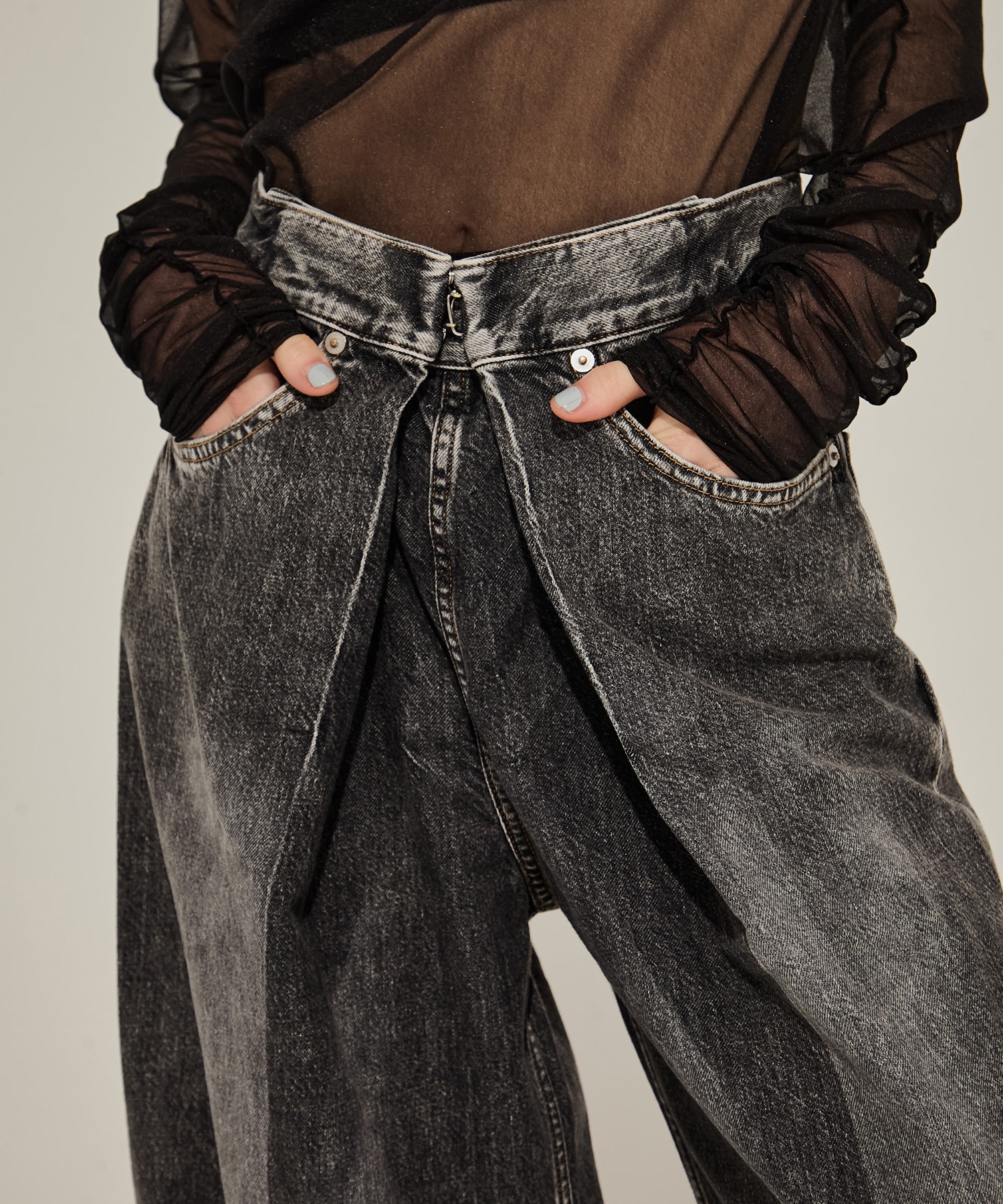 WASHED DENIM WIDE PANTS (SHORT LENGTH)