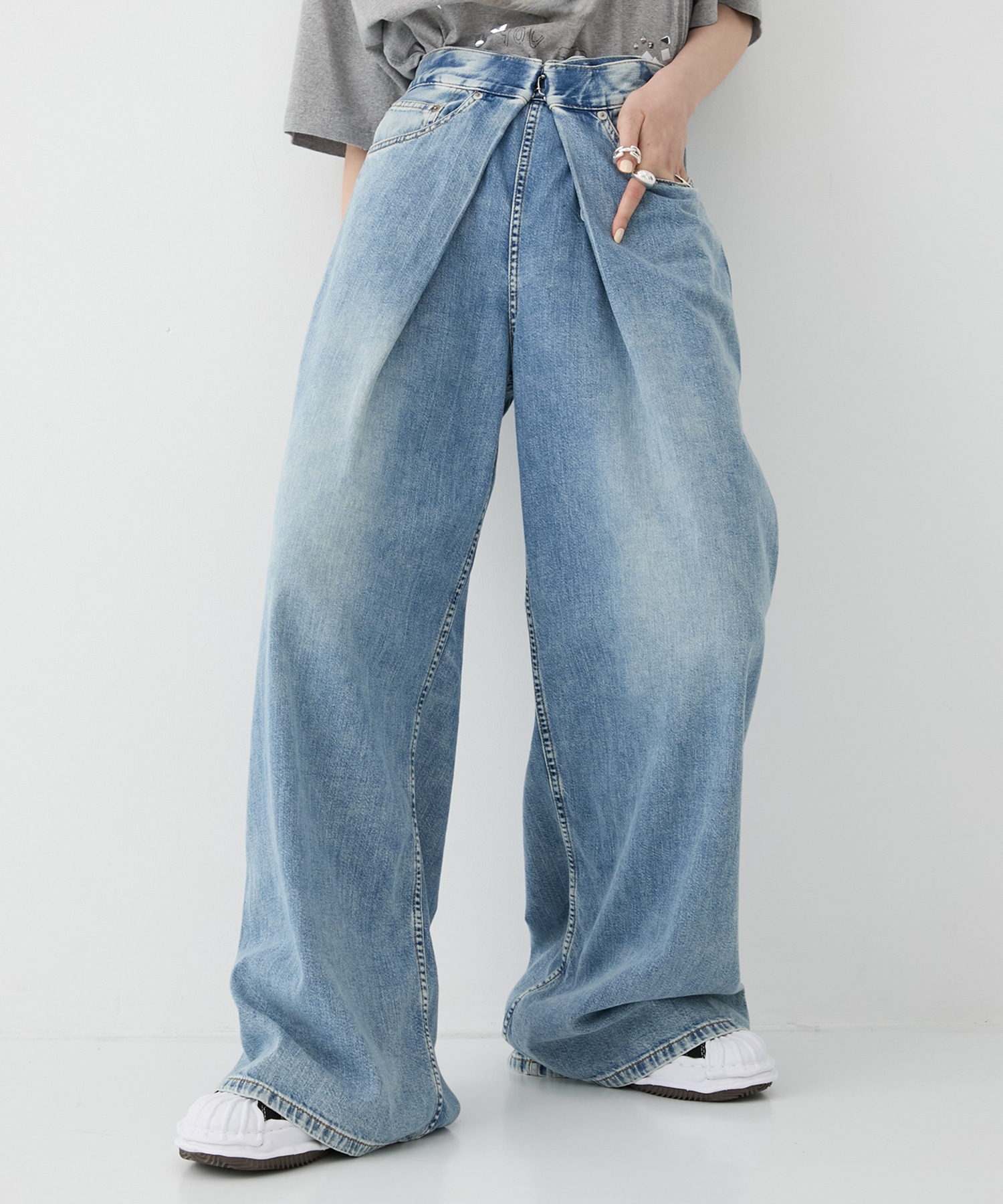 別注 WASHED DENIM FOLDED WIDE PANTS (SHORT LENGTH)