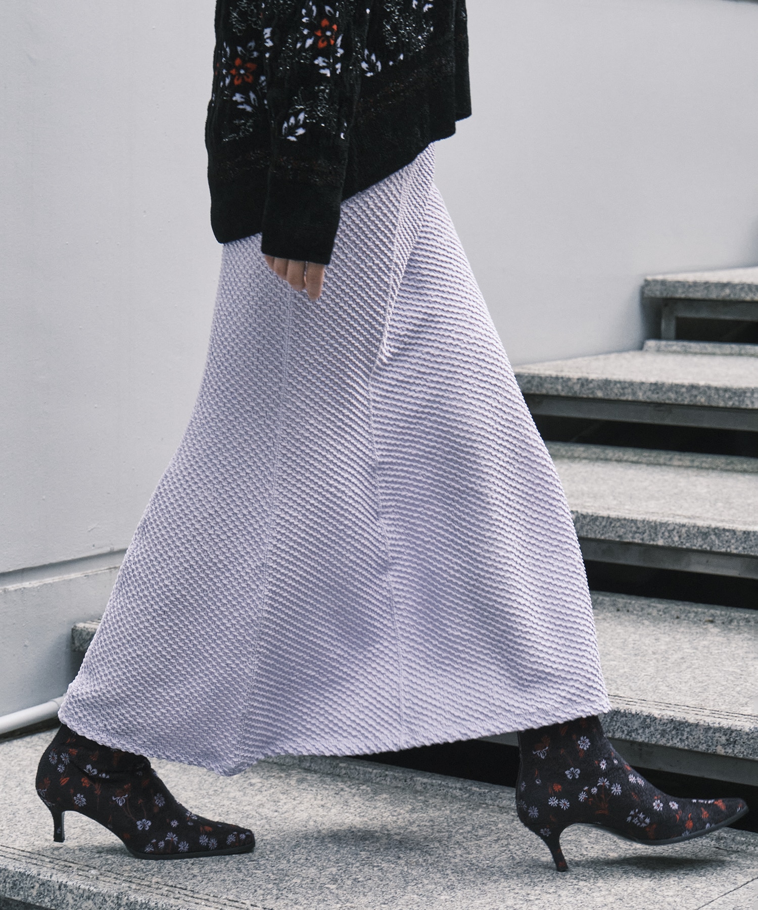 Shirring Jersey Jacquard Flare Skirt