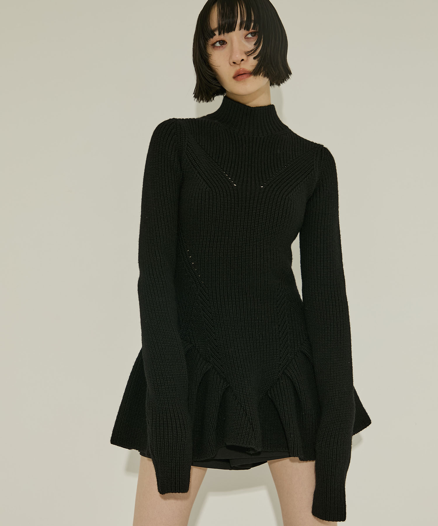RIBED PEPLUM HI-NECK KNIT SWEATER