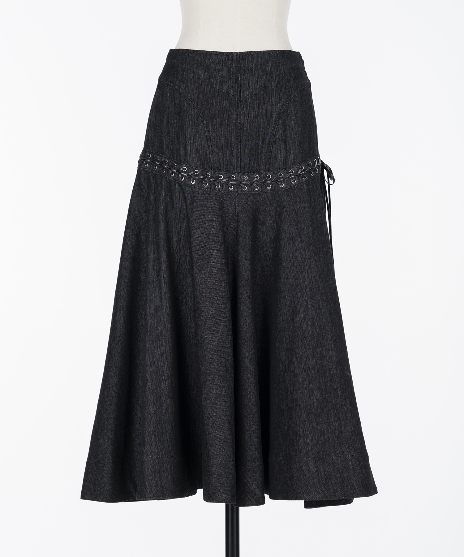 Lace up denim flare skirt